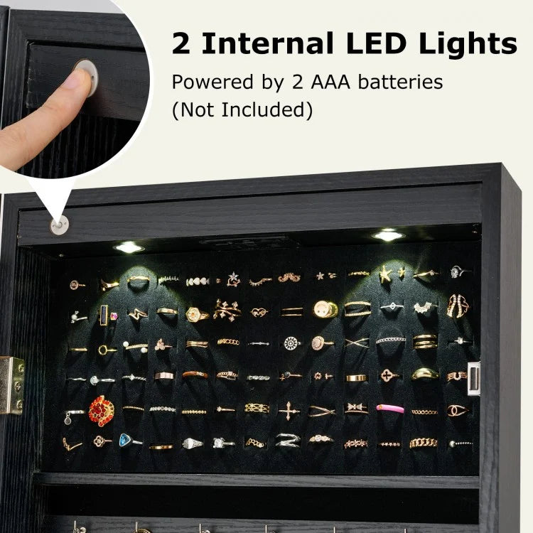 Freestanding Jewelry Armoire with Full-Length Mirror, LED Lighting, Lockable Storage and Adjustable Tilt – Black