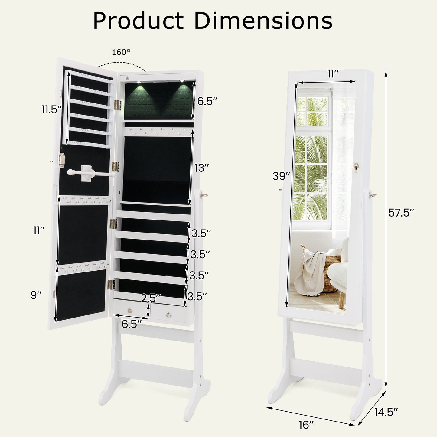 Freestanding Jewelry Armoire with Full-Length Mirror, LED Lighting, Lockable Storage and Adjustable Tilt – White