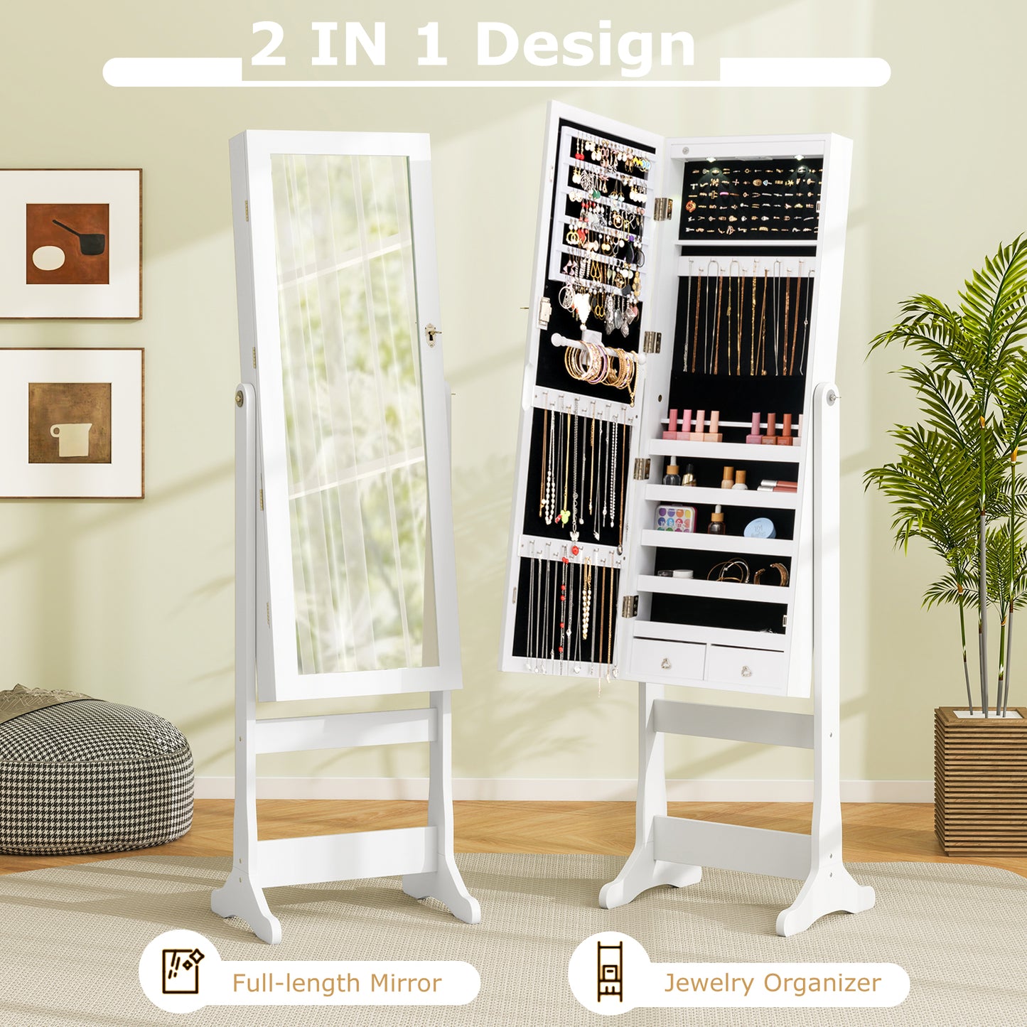 Freestanding Jewelry Armoire with Full-Length Mirror, LED Lighting, Lockable Storage and Adjustable Tilt – White