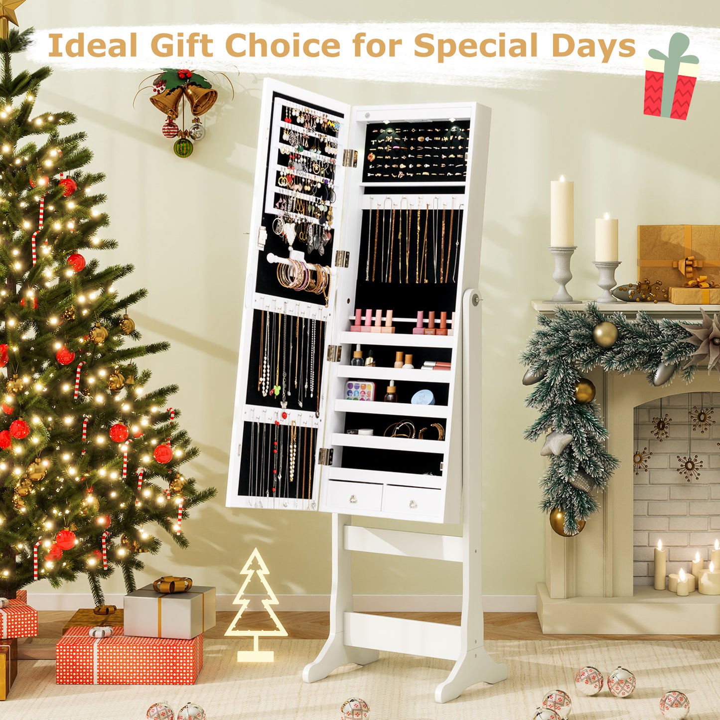 Freestanding Jewelry Armoire with Full-Length Mirror, LED Lighting, Lockable Storage and Adjustable Tilt – White