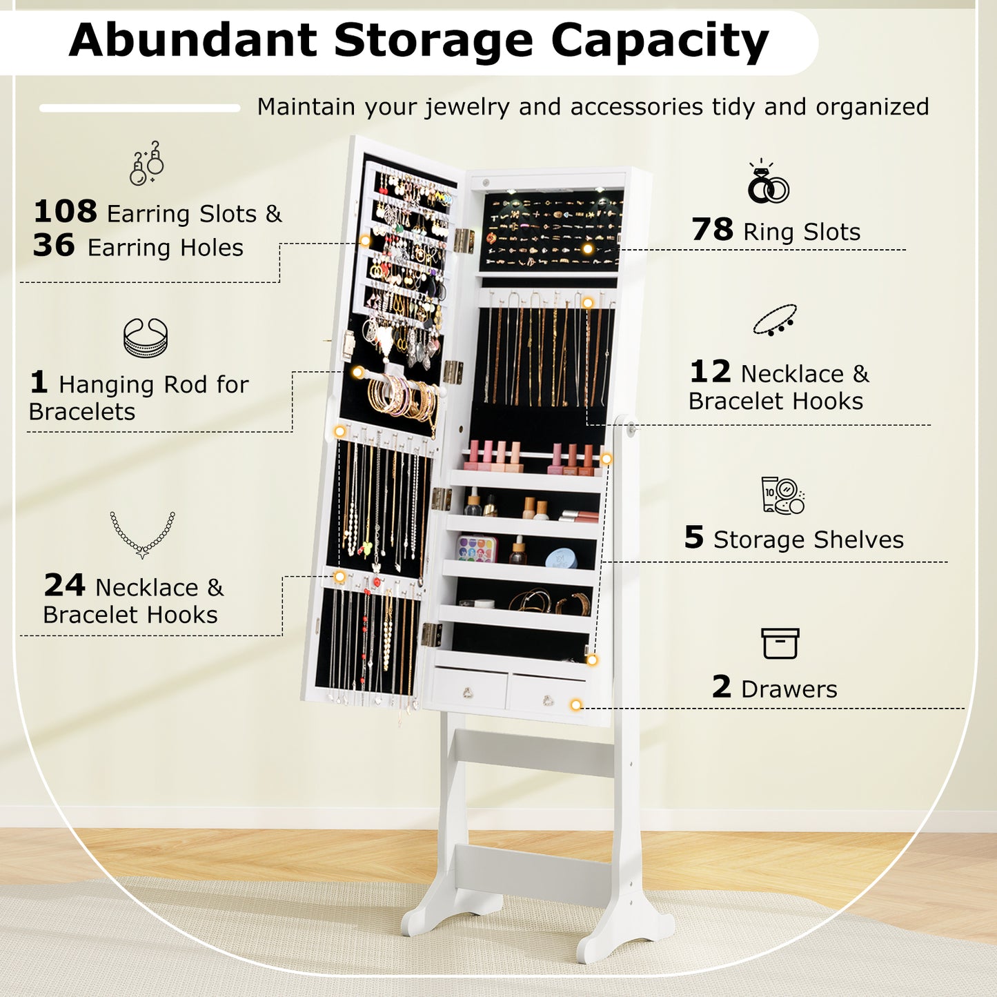 Freestanding Jewelry Armoire with Full-Length Mirror, LED Lighting, Lockable Storage and Adjustable Tilt – White