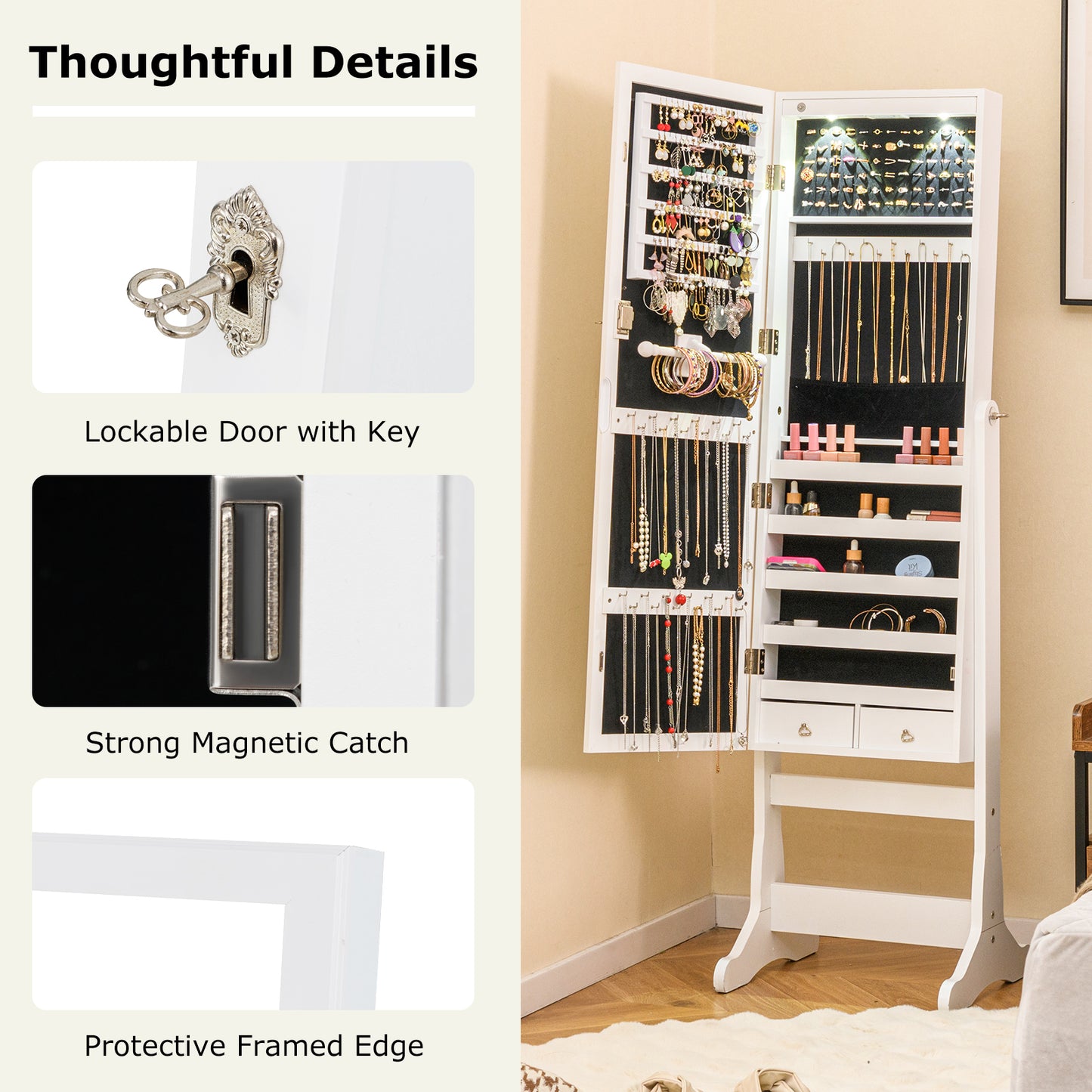 Freestanding Jewelry Armoire with Full-Length Mirror, LED Lighting, Lockable Storage and Adjustable Tilt – White