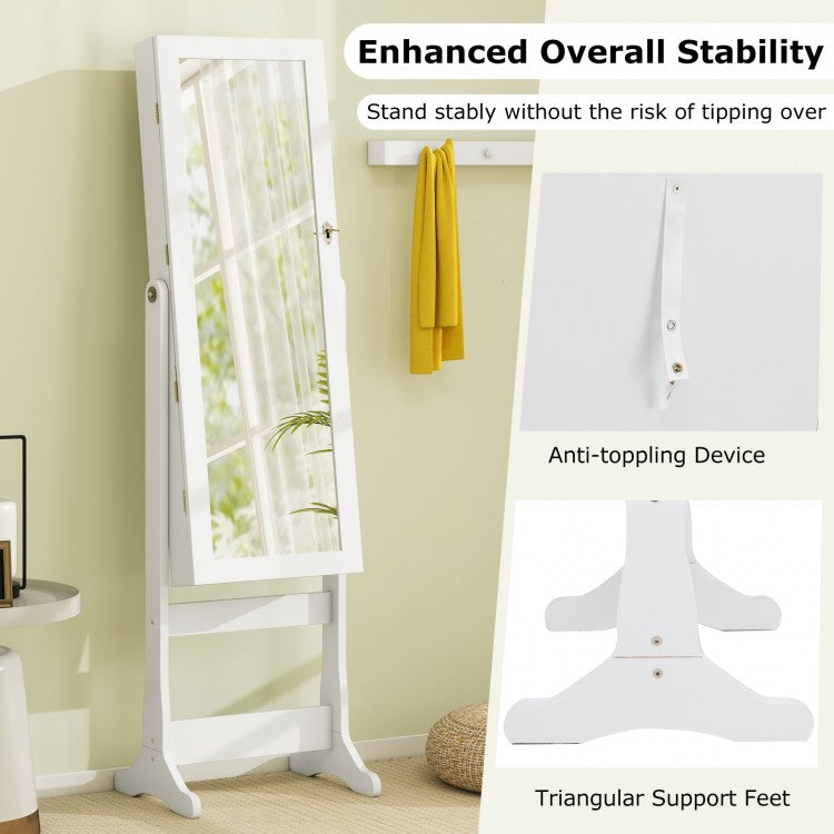 Freestanding Jewelry Armoire with Full-Length Mirror, LED Lighting, Lockable Storage and Adjustable Tilt – White