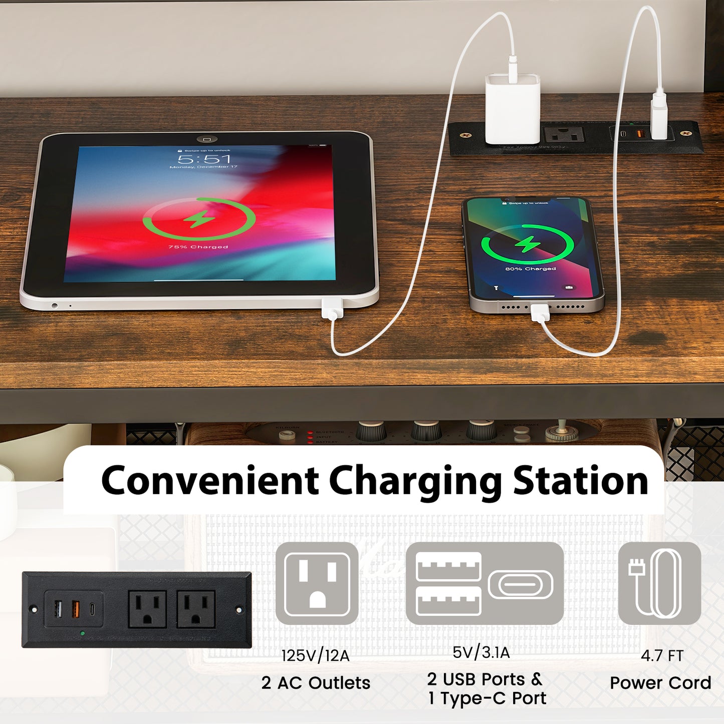 Entertainment Center with Power Outlets USB and Type-C Charging for TVs up to 50 Inch