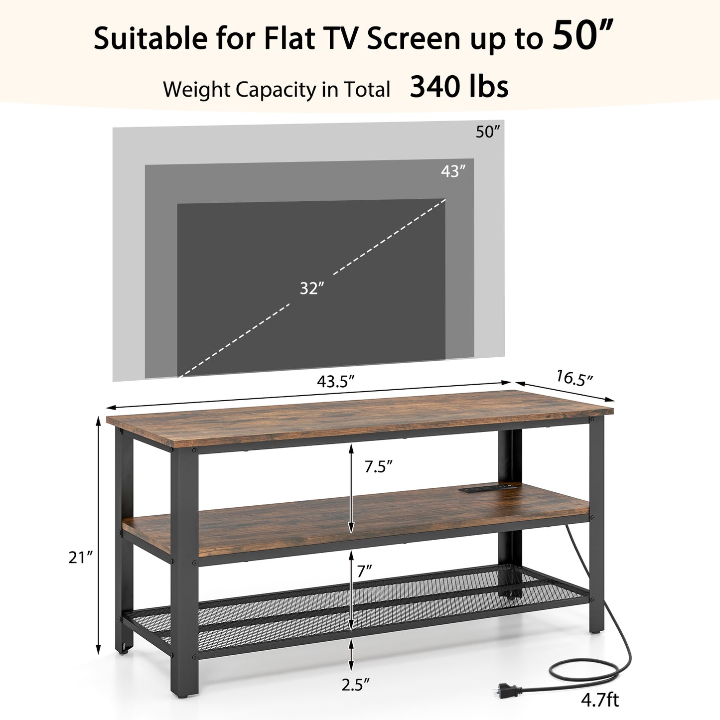Entertainment Center with Power Outlets USB and Type-C Charging for TVs up to 50 Inch