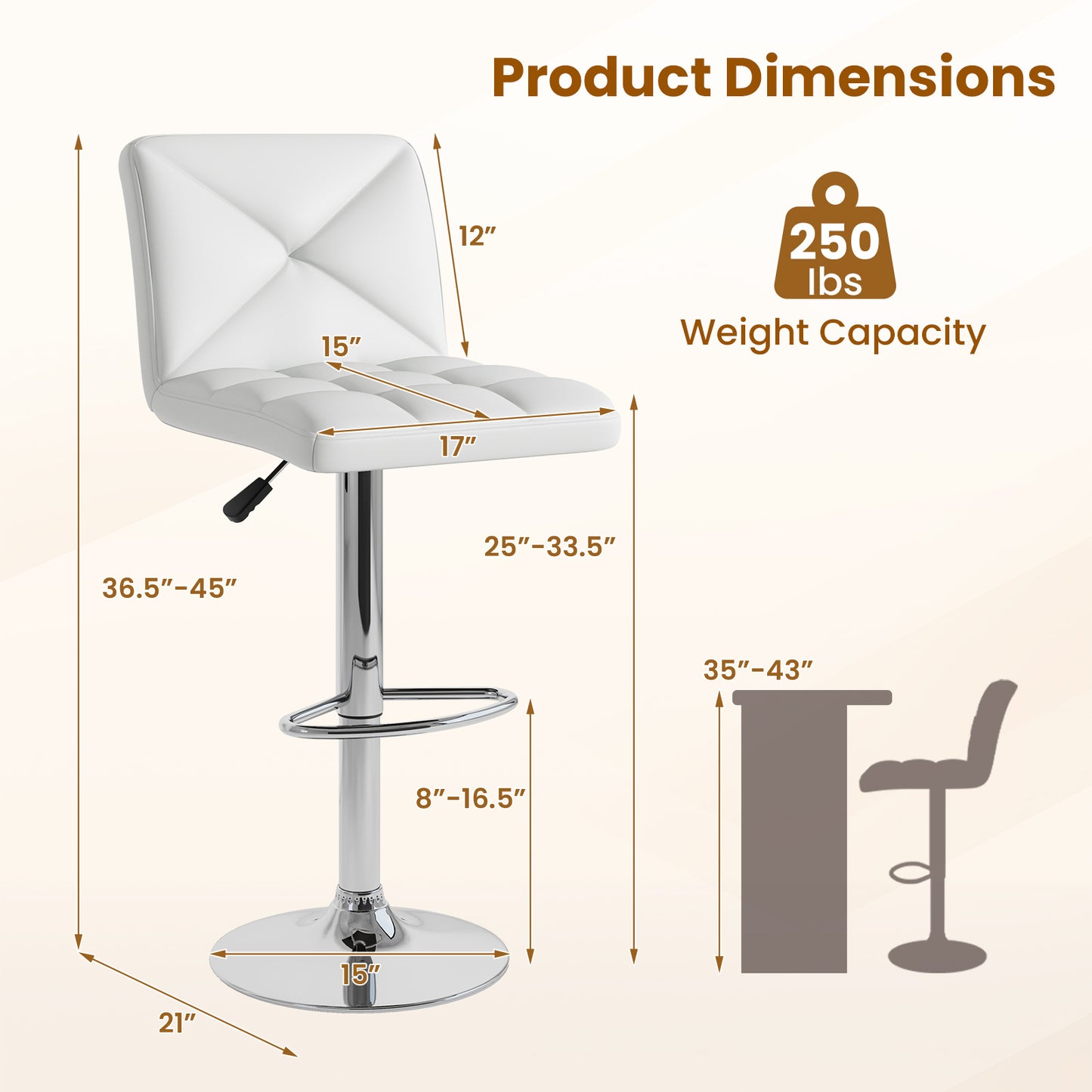 Set of 2 PU Leather Bar Stools with Backrest, Adjustable Height, Swivel Seat and Metal Base - White