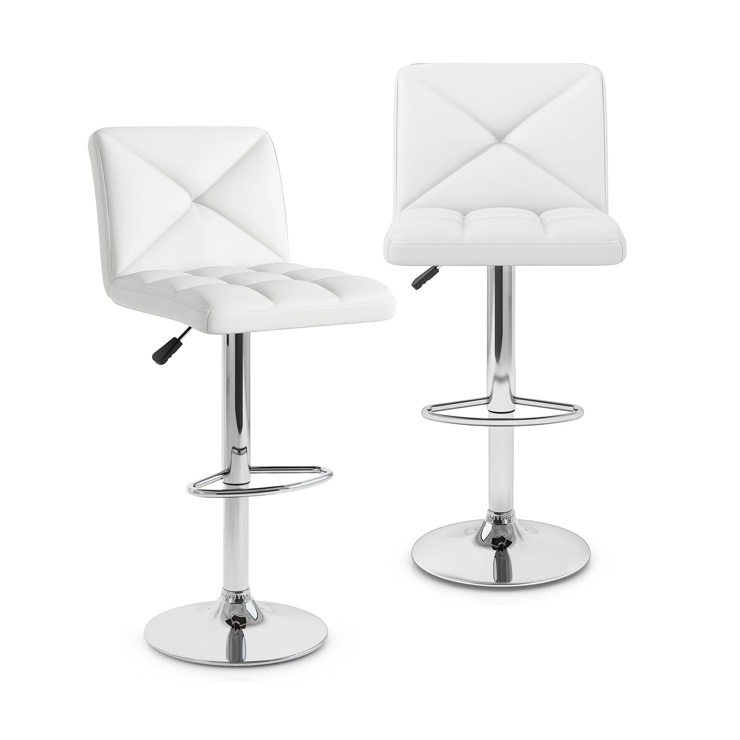 Set of 2 PU Leather Bar Stools with Backrest, Adjustable Height, Swivel Seat and Metal Base - White