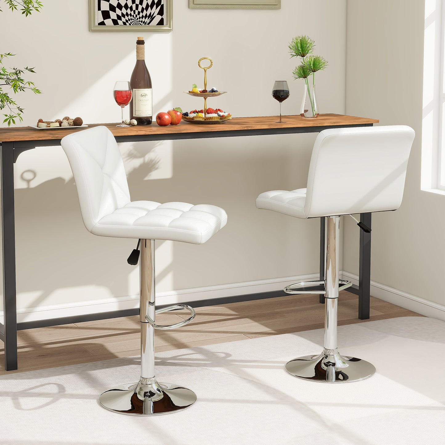 Set of 2 PU Leather Bar Stools with Backrest, Adjustable Height, Swivel Seat and Metal Base - White