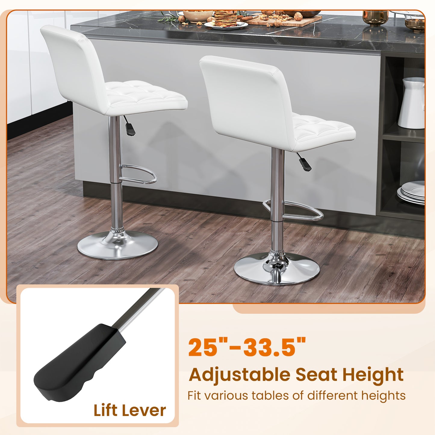 Set of 2 PU Leather Bar Stools with Backrest, Adjustable Height, Swivel Seat and Metal Base - White