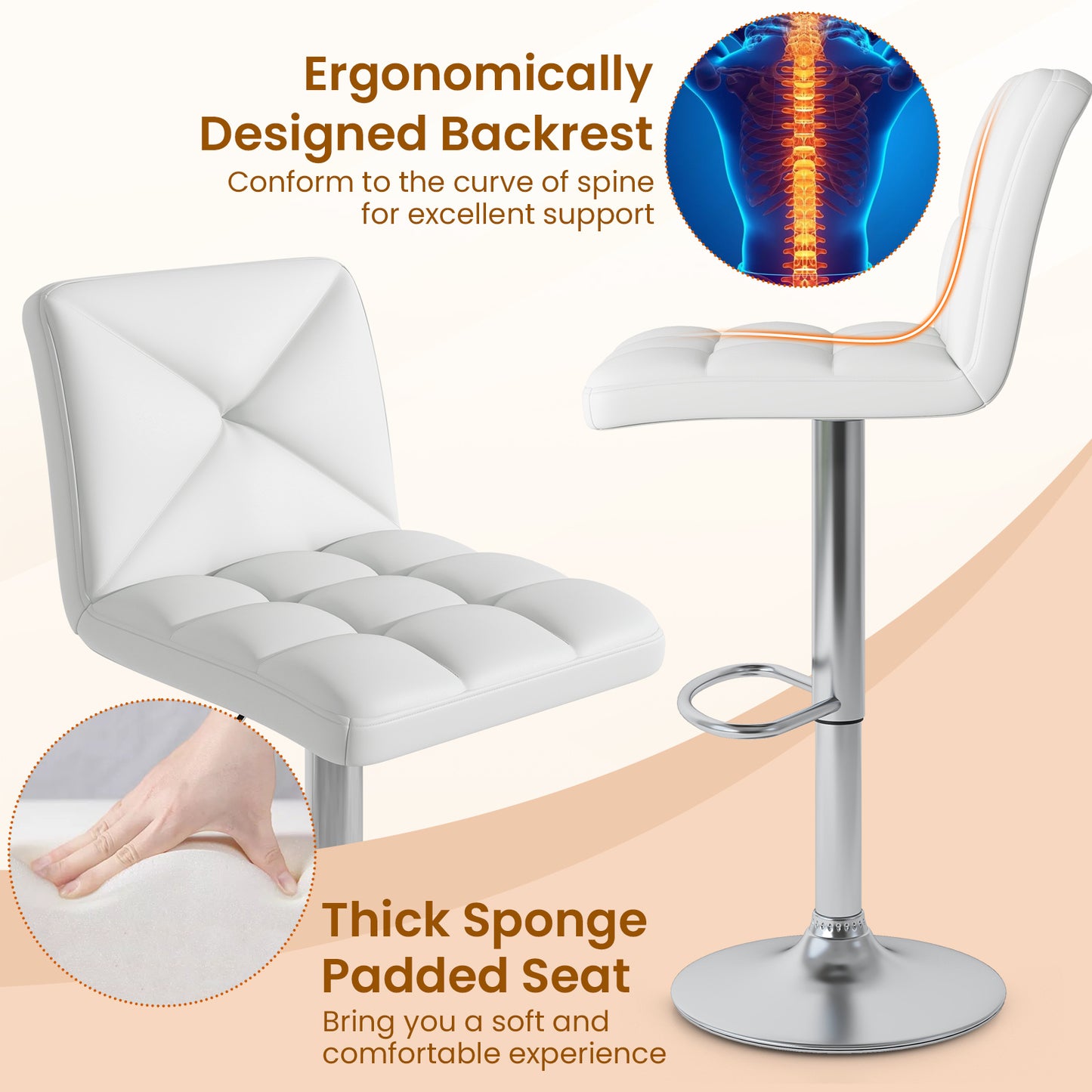 Set of 2 PU Leather Bar Stools with Backrest, Adjustable Height, Swivel Seat and Metal Base - White