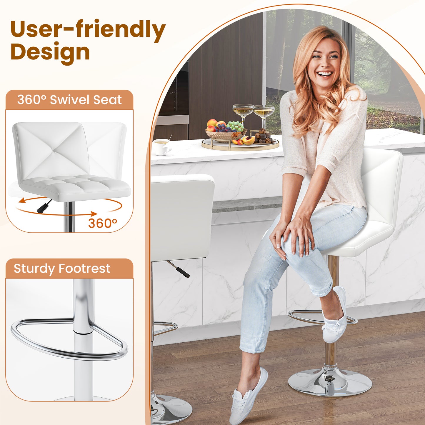 Set of 2 PU Leather Bar Stools with Backrest, Adjustable Height, Swivel Seat and Metal Base - White