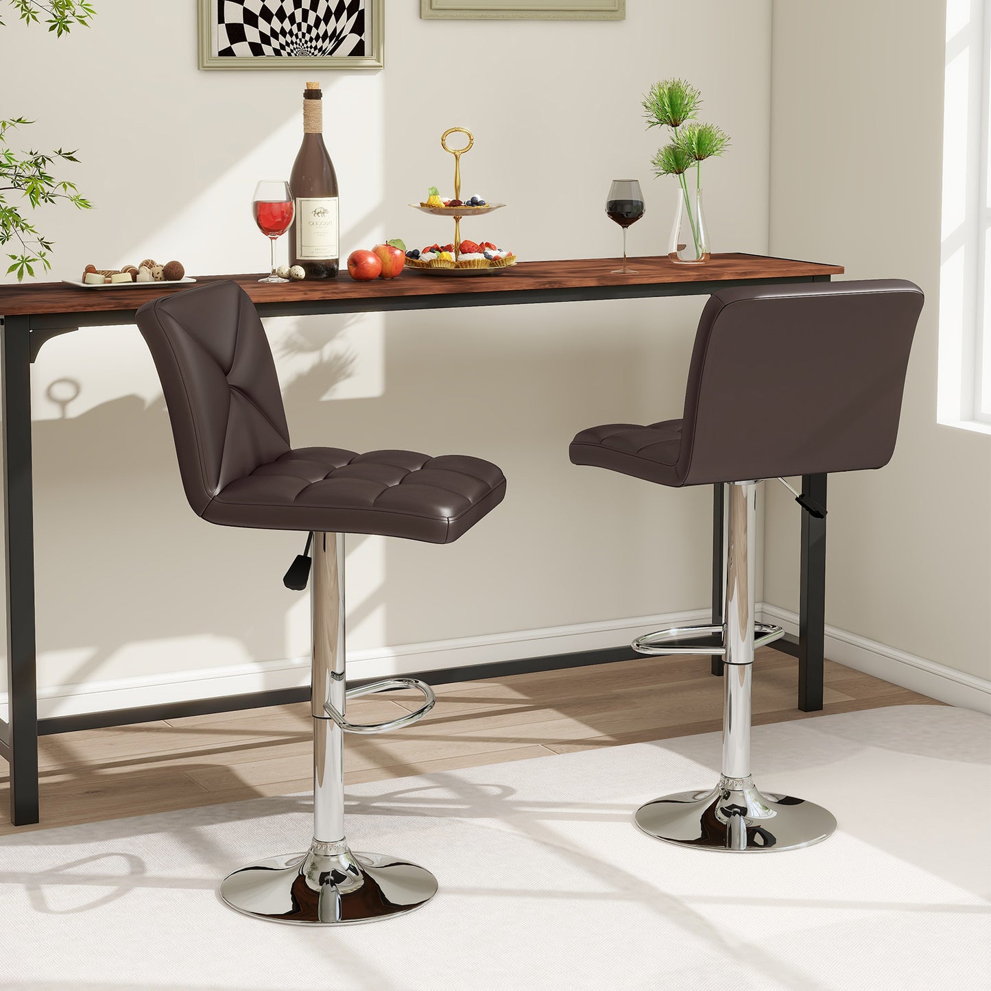 Set of 2 PU Leather Bar Stools with Backrest, Adjustable Height, Swivel Seat and Metal Base - Brown