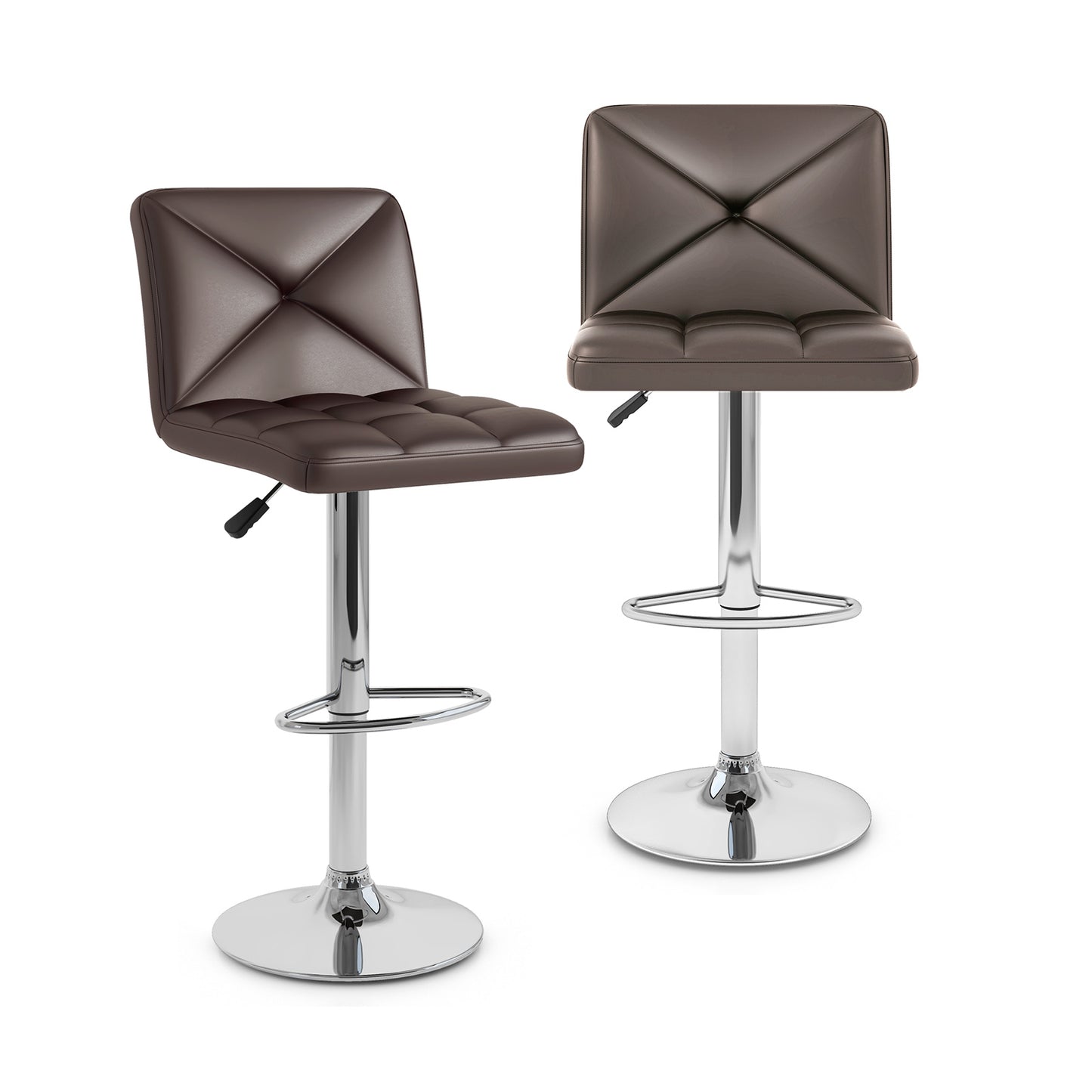 Set of 2 PU Leather Bar Stools with Backrest, Adjustable Height, Swivel Seat and Metal Base - Brown