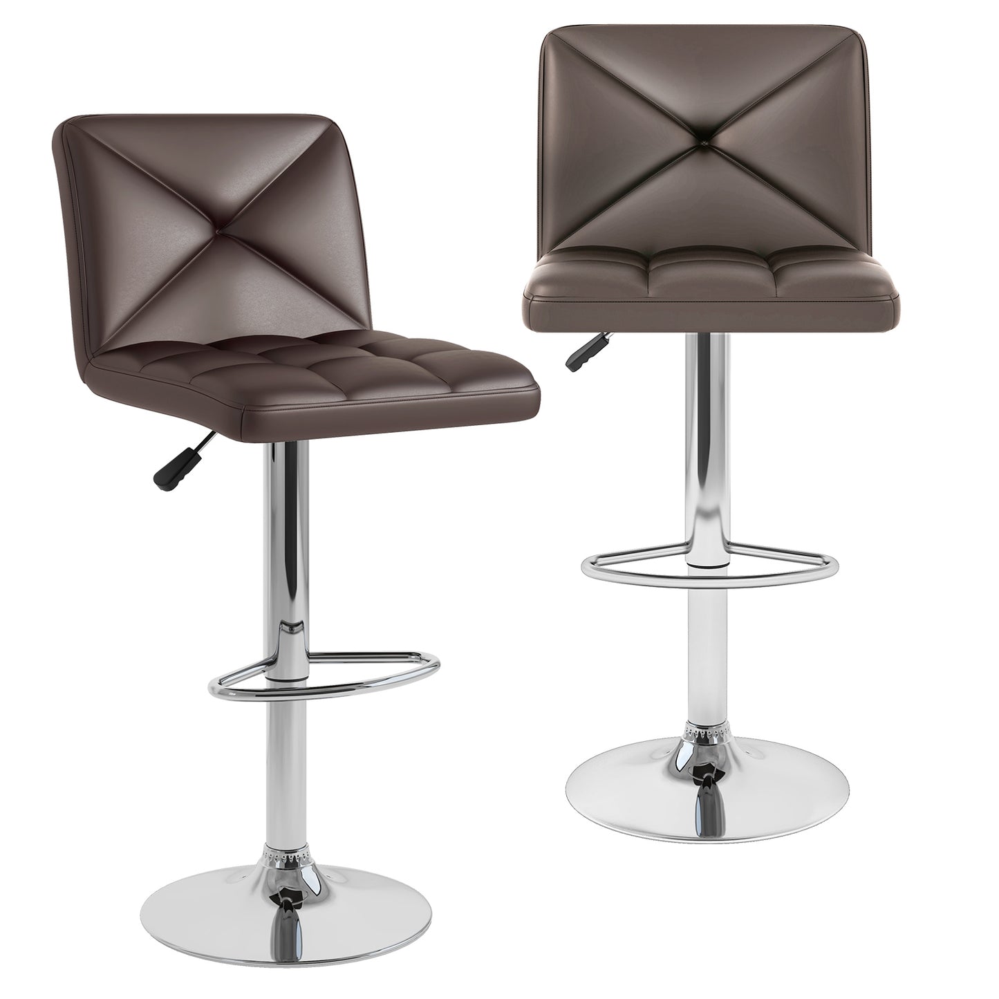 Set of 2 PU Leather Bar Stools with Backrest, Adjustable Height, Swivel Seat and Metal Base - Brown