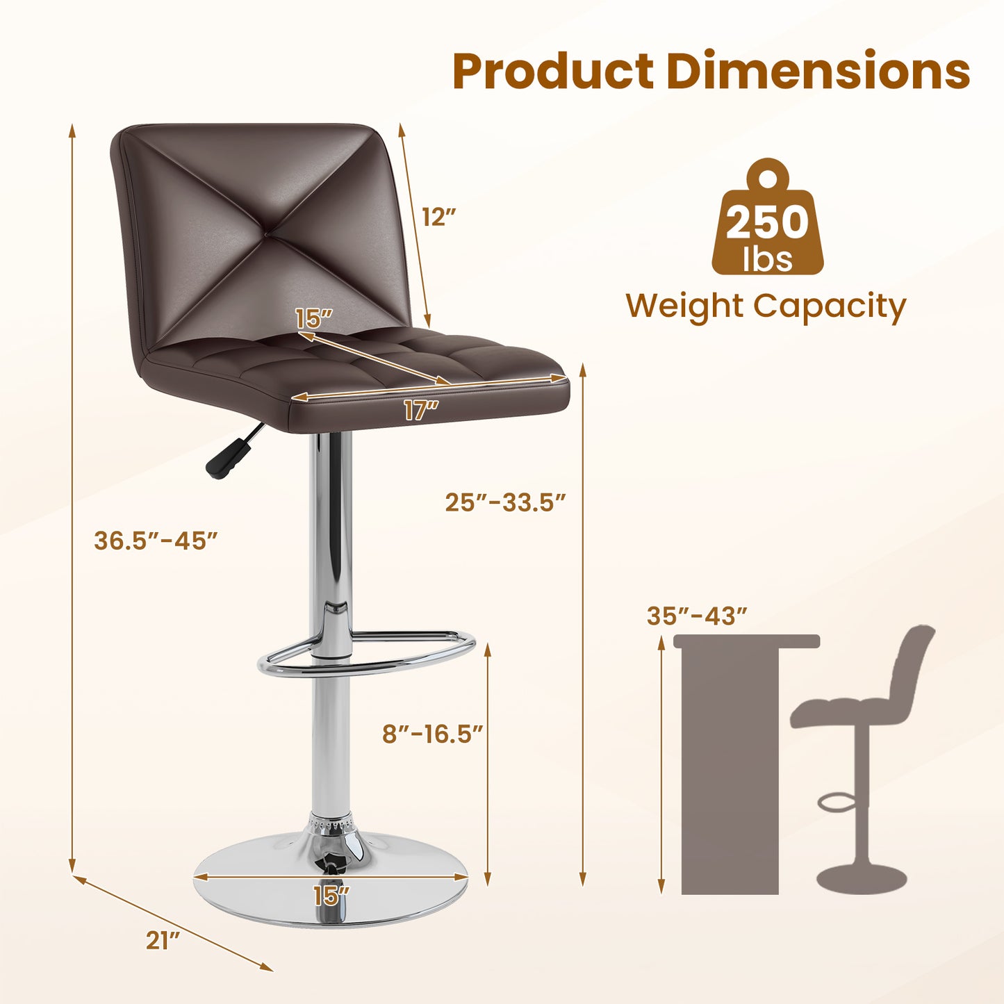 Set of 2 PU Leather Bar Stools with Backrest, Adjustable Height, Swivel Seat and Metal Base - Brown