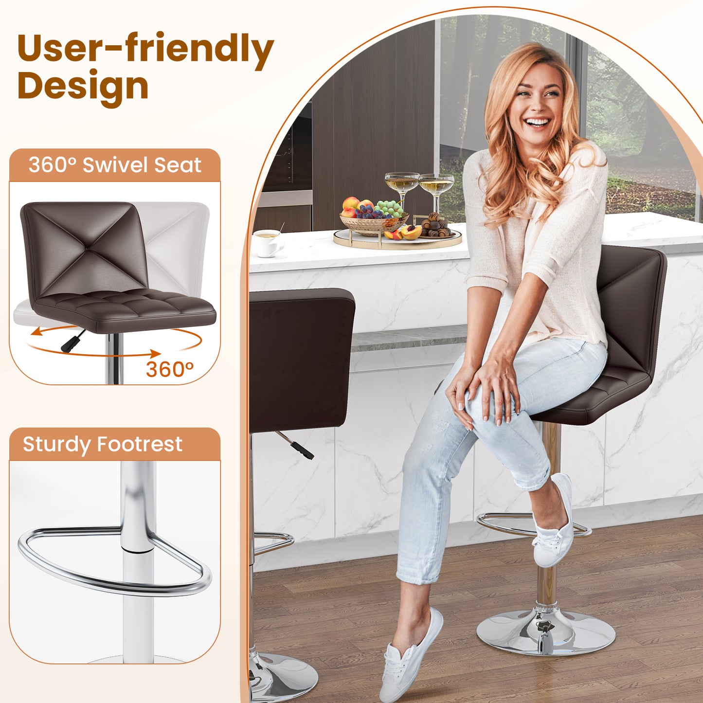 Set of 2 PU Leather Bar Stools with Backrest, Adjustable Height, Swivel Seat and Metal Base - Brown