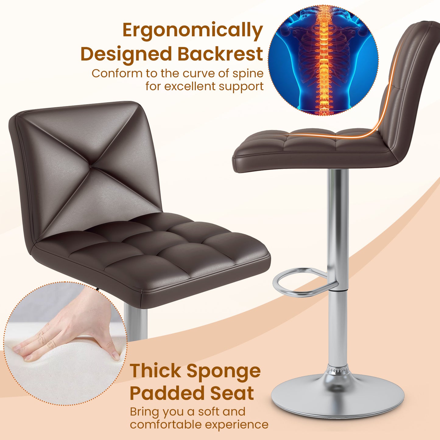 Set of 2 PU Leather Bar Stools with Backrest, Adjustable Height, Swivel Seat and Metal Base - Brown