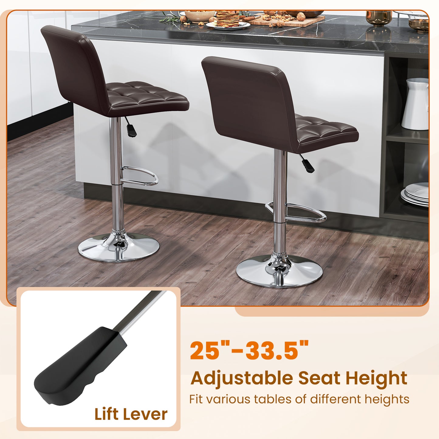 Set of 2 PU Leather Bar Stools with Backrest, Adjustable Height, Swivel Seat and Metal Base - Brown