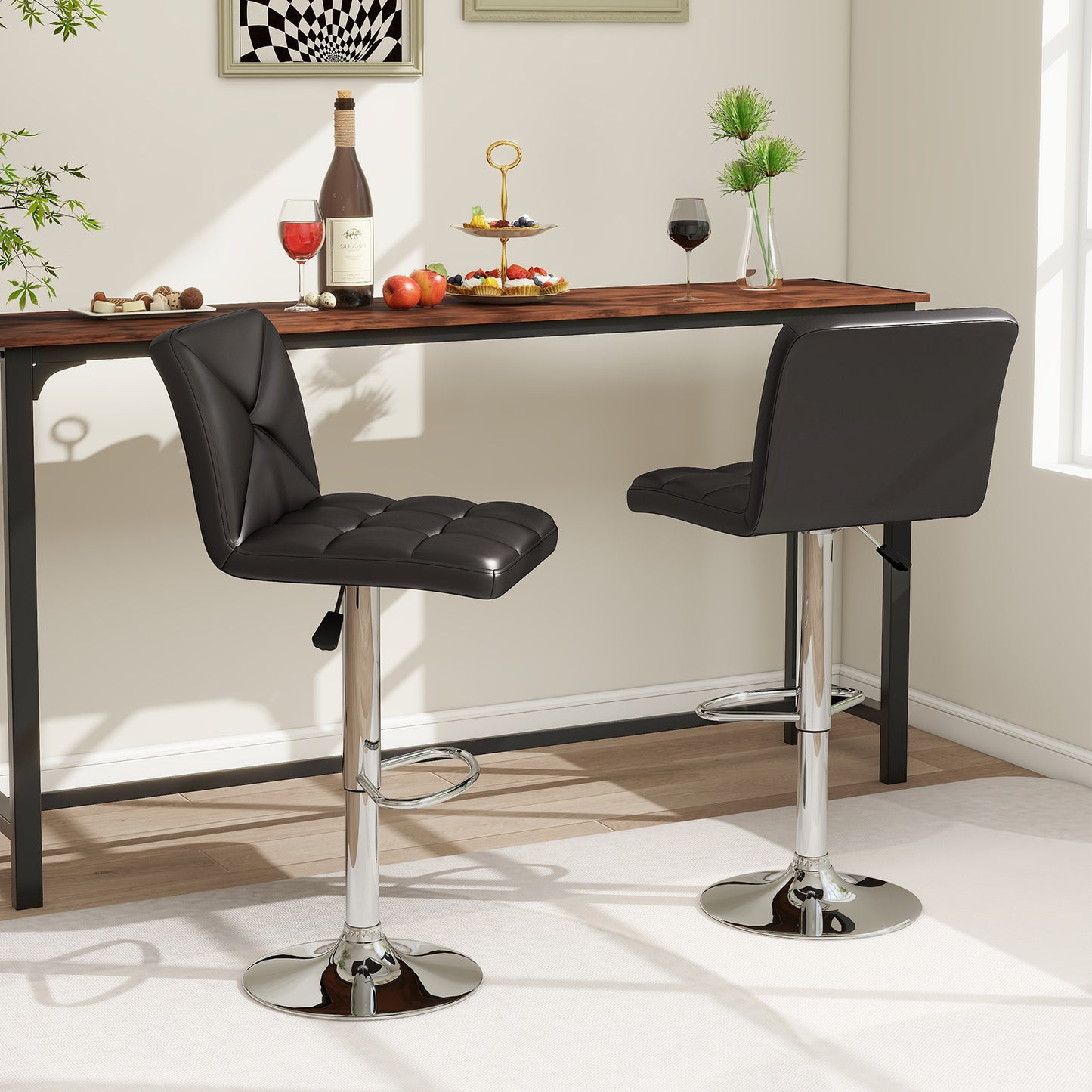Set of 2 PU Leather Bar Stools with Backrest, Adjustable Height, Swivel Seat and Metal Base - Black