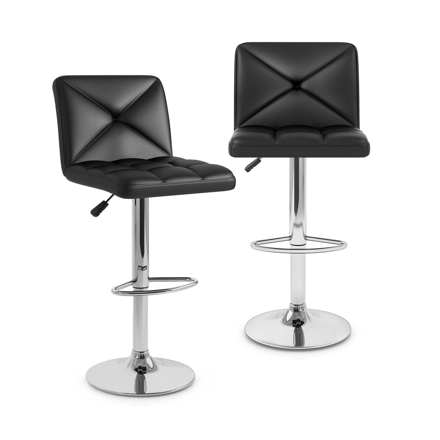 Set of 2 PU Leather Bar Stools with Backrest, Adjustable Height, Swivel Seat and Metal Base - Black