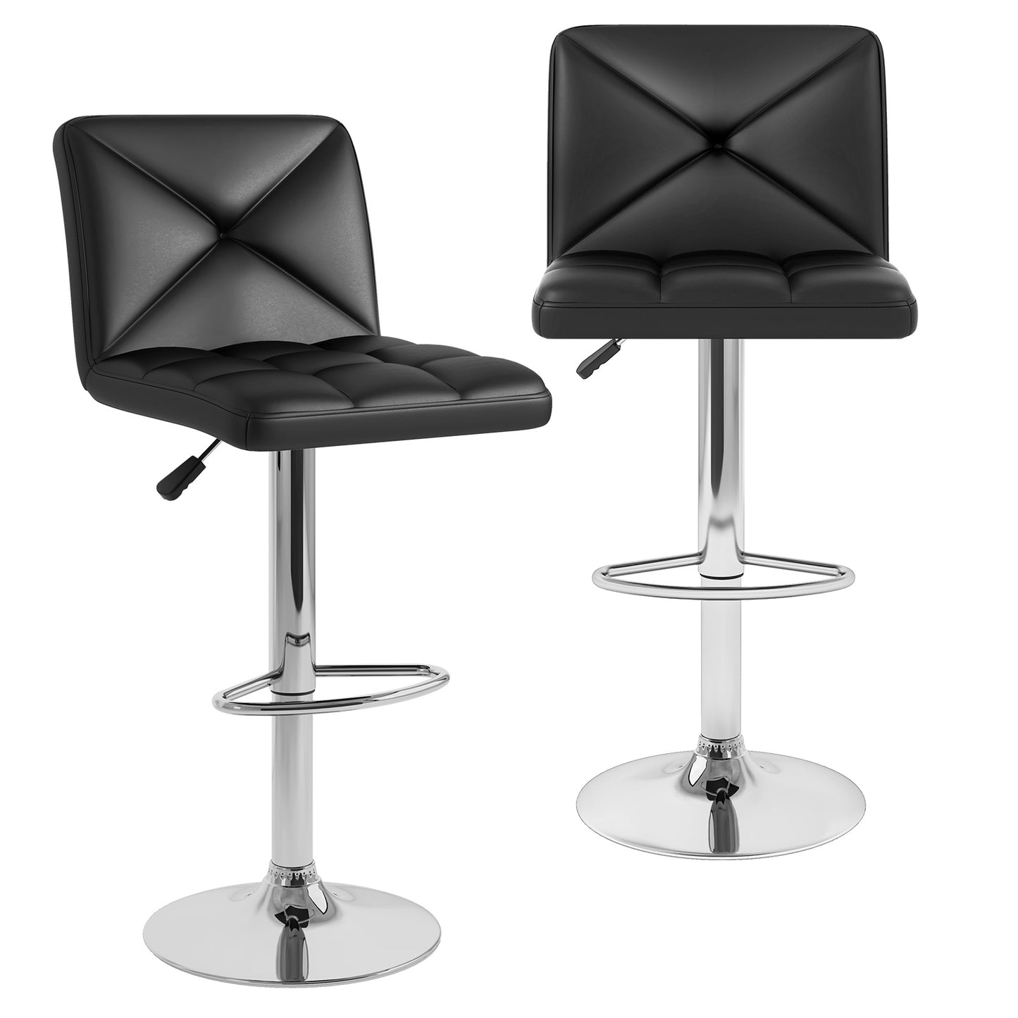 Set of 2 PU Leather Bar Stools with Backrest, Adjustable Height, Swivel Seat and Metal Base - Black