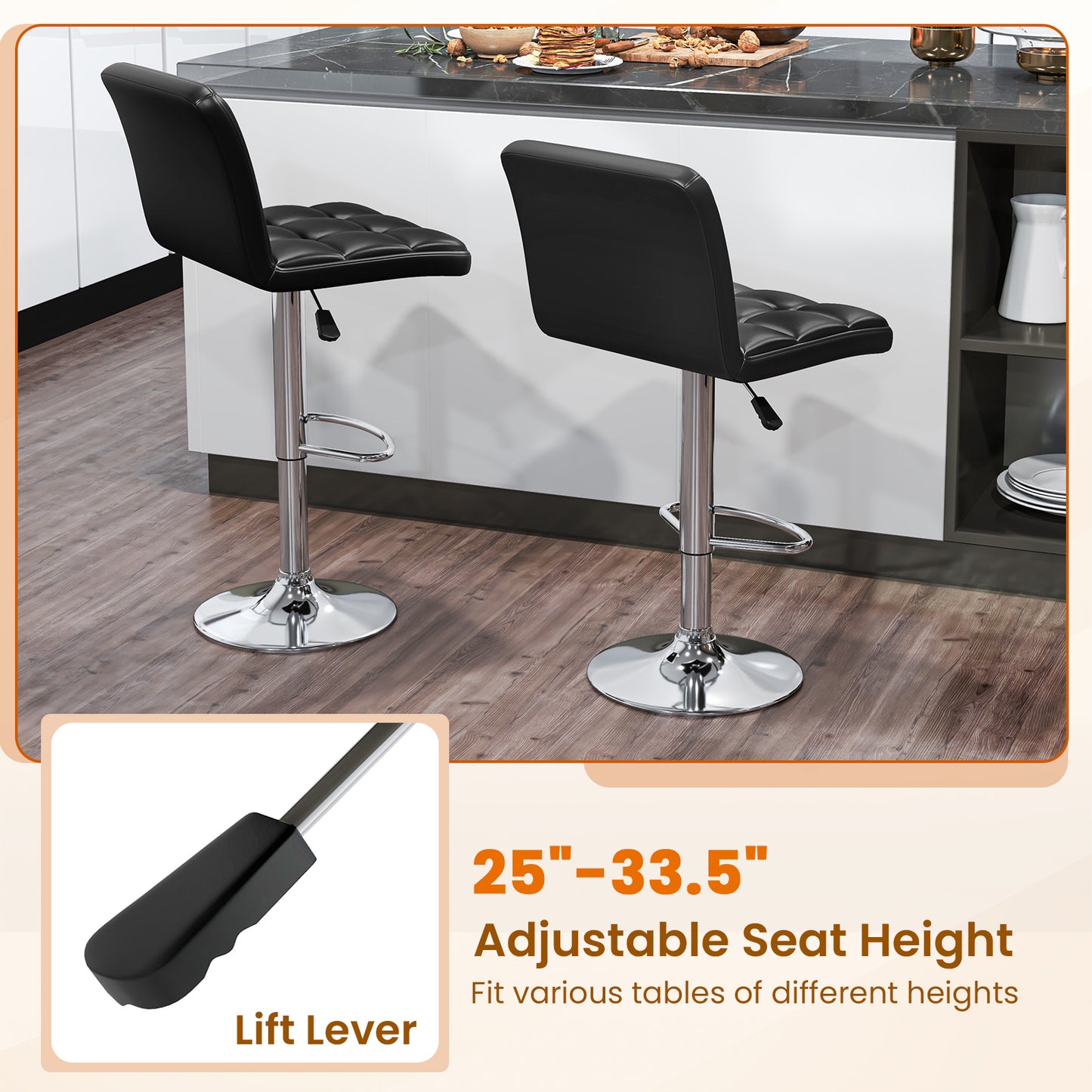 Set of 2 PU Leather Bar Stools with Backrest, Adjustable Height, Swivel Seat and Metal Base - Black