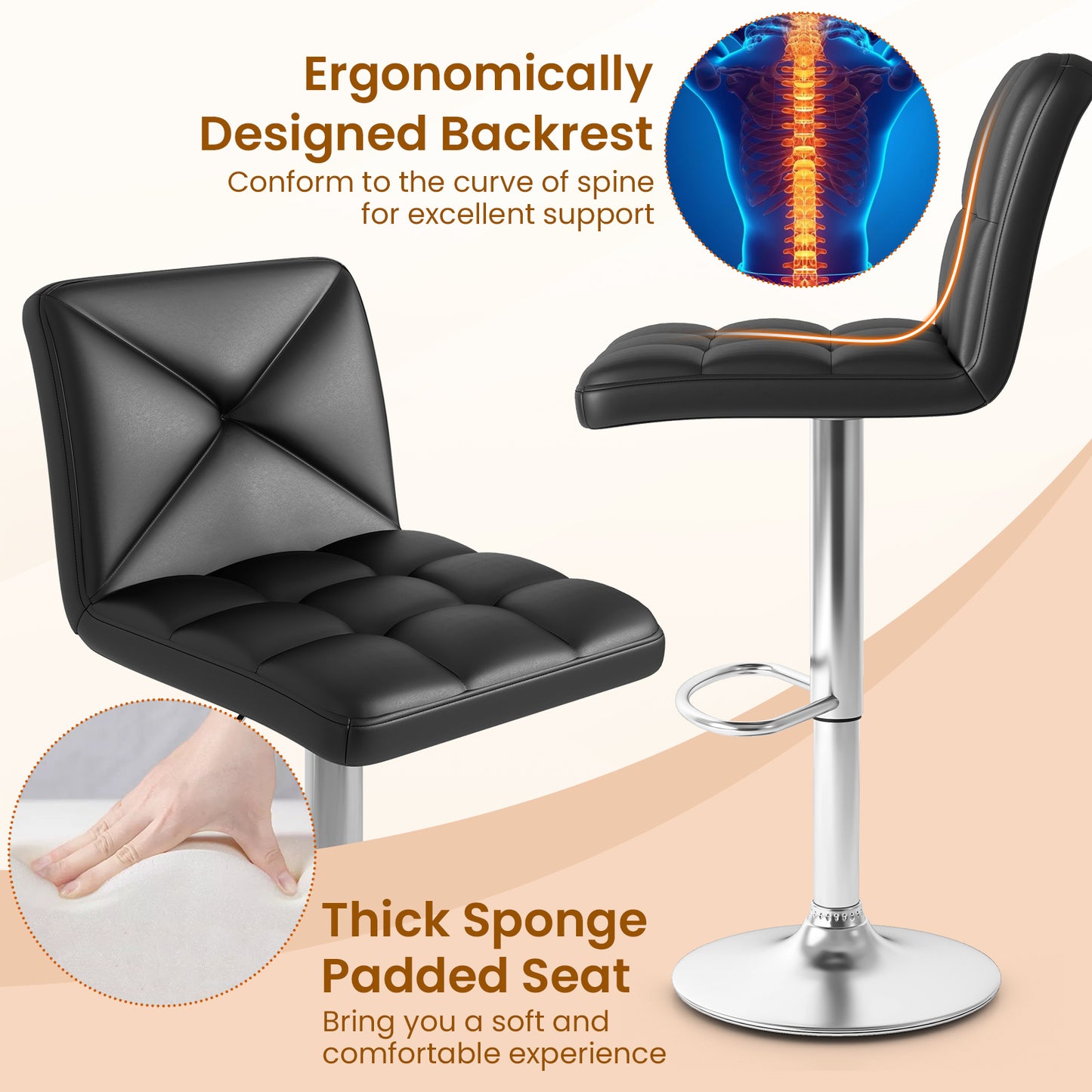 Set of 2 PU Leather Bar Stools with Backrest, Adjustable Height, Swivel Seat and Metal Base - Black