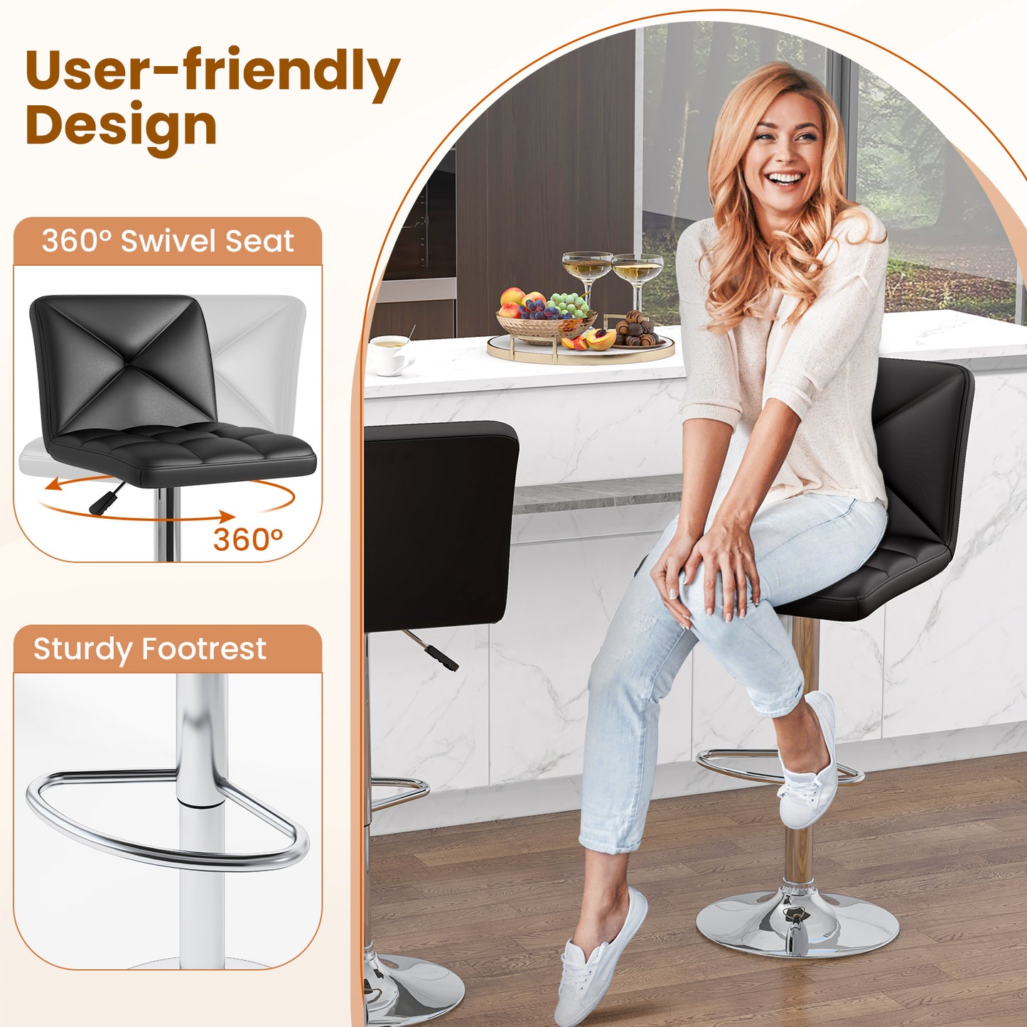 Set of 2 PU Leather Bar Stools with Backrest, Adjustable Height, Swivel Seat and Metal Base - Black