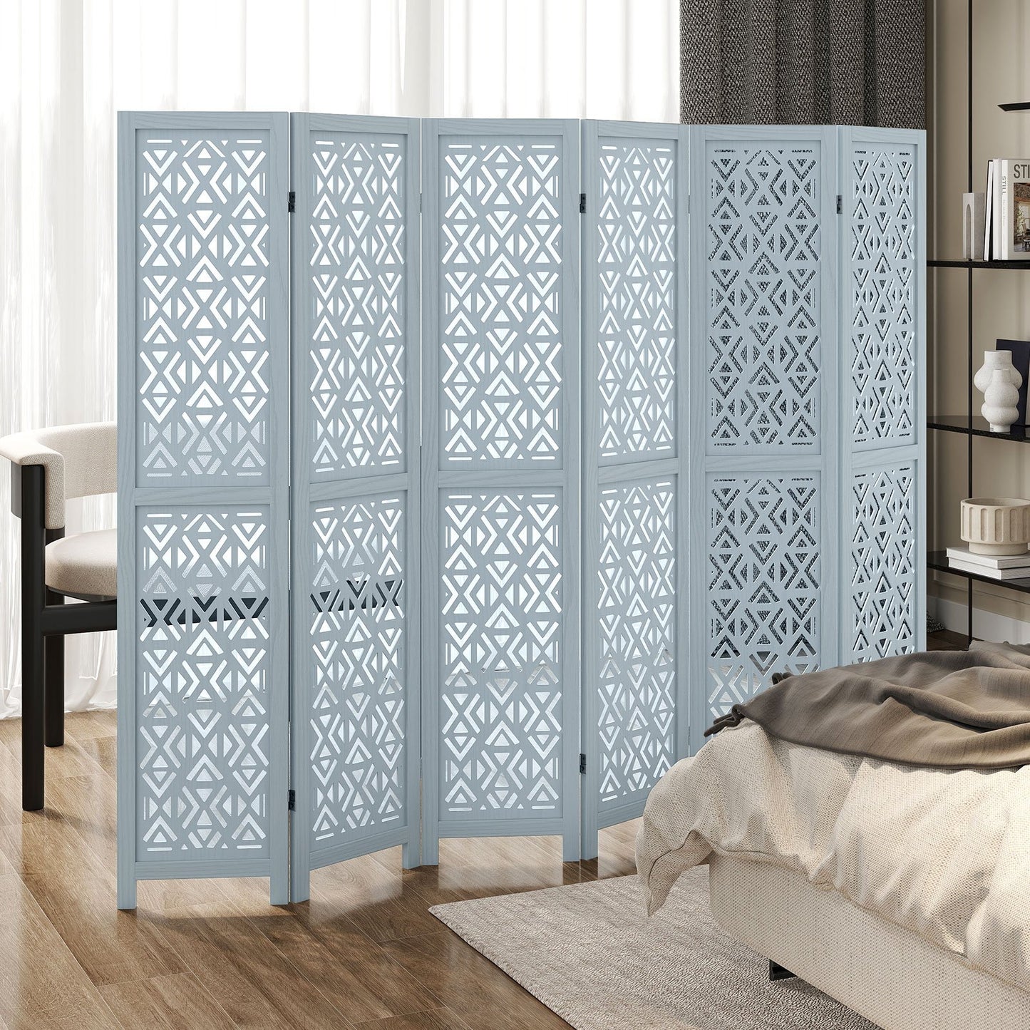 6 Panel Boho Wooden Room Divider with Intricate Carved Cutout Design & Solid Wood Frame