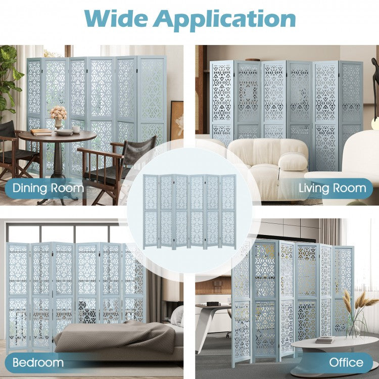 6 Panel Boho Wooden Room Divider with Intricate Carved Cutout Design & Solid Wood Frame