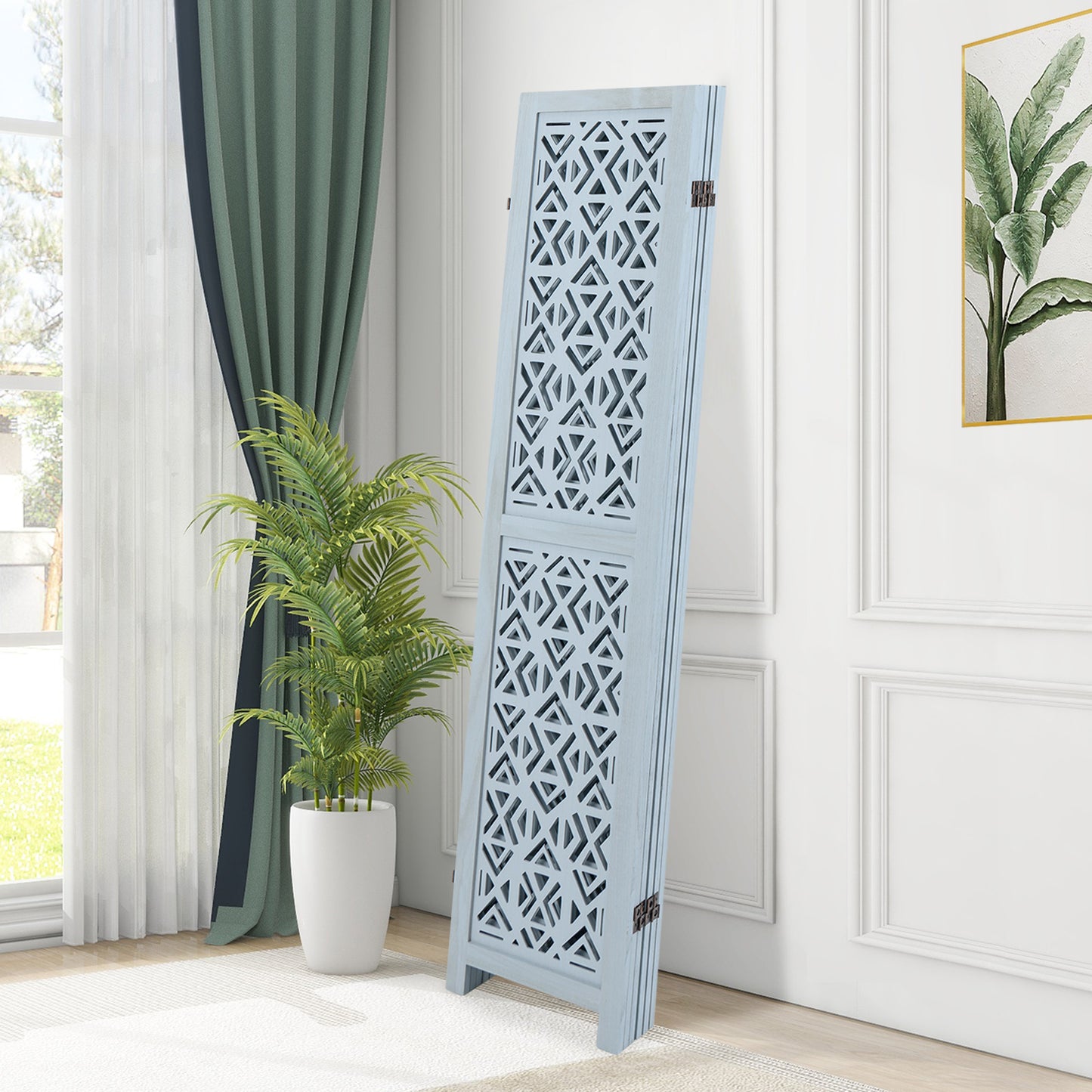 6 Panel Boho Wooden Room Divider with Intricate Carved Cutout Design & Solid Wood Frame