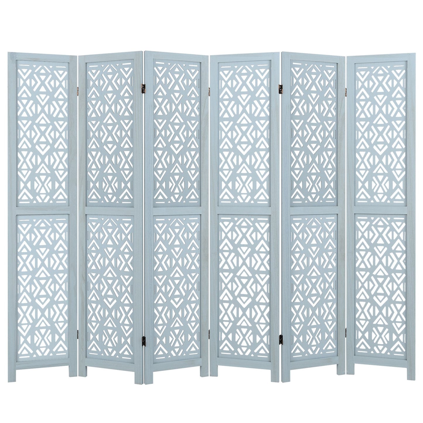 6 Panel Boho Wooden Room Divider with Intricate Carved Cutout Design & Solid Wood Frame