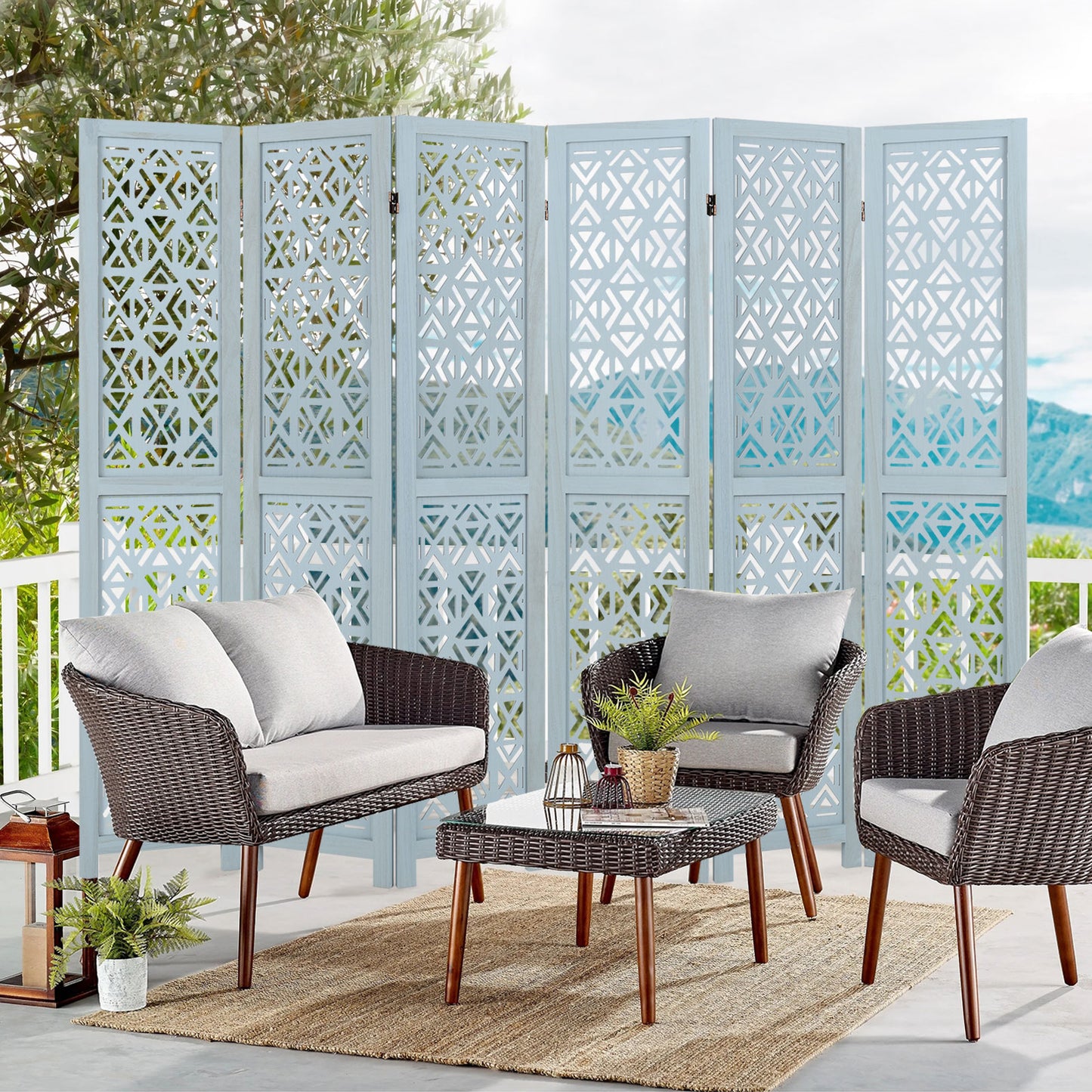 6 Panel Boho Wooden Room Divider with Intricate Carved Cutout Design & Solid Wood Frame