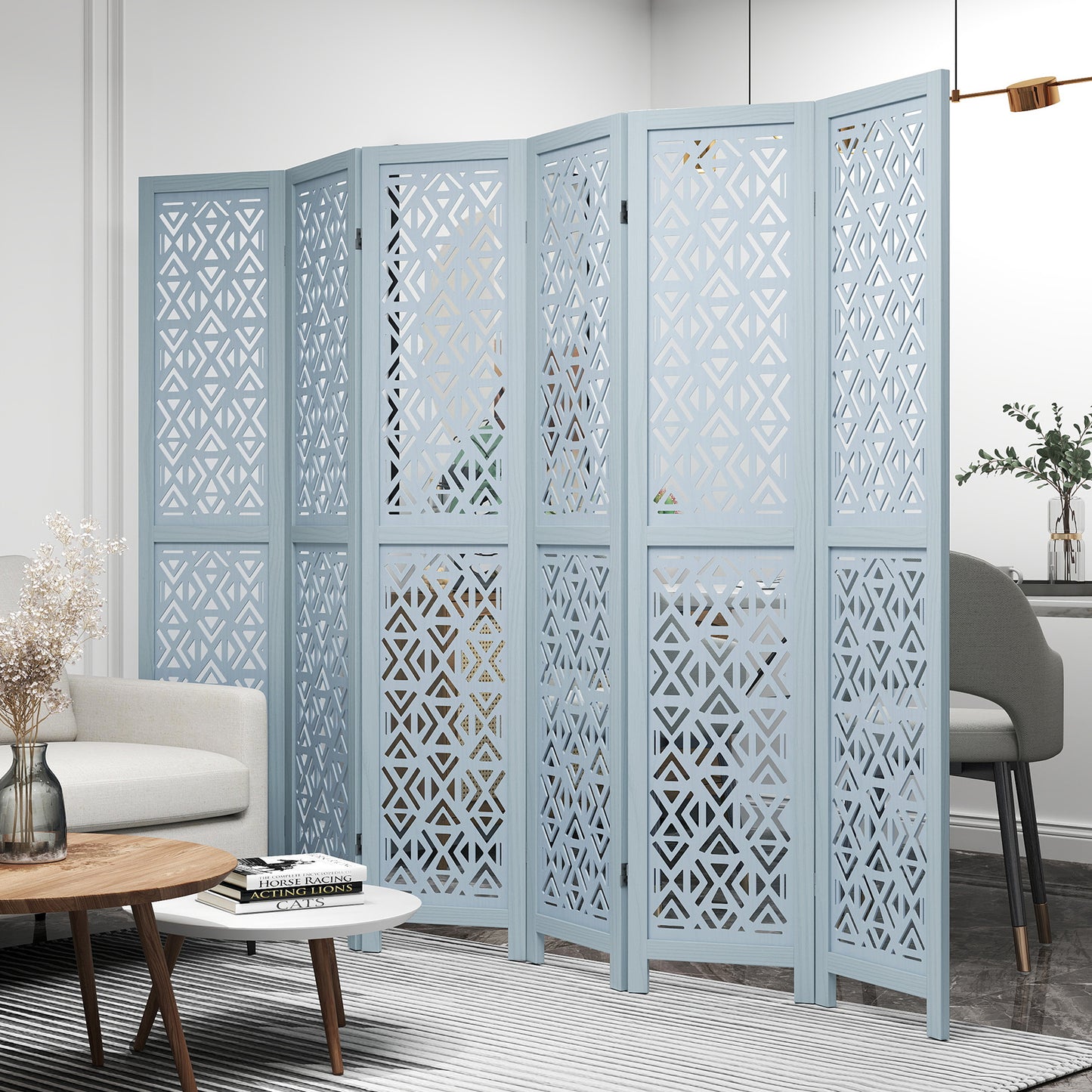 6 Panel Boho Wooden Room Divider with Intricate Carved Cutout Design & Solid Wood Frame