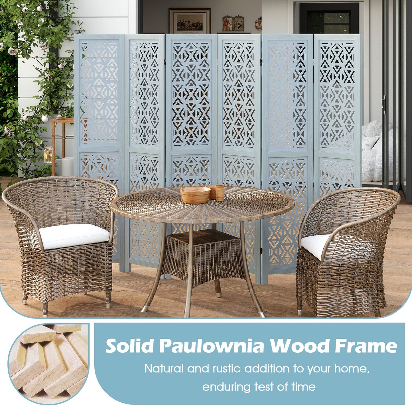 6 Panel Boho Wooden Room Divider with Intricate Carved Cutout Design & Solid Wood Frame