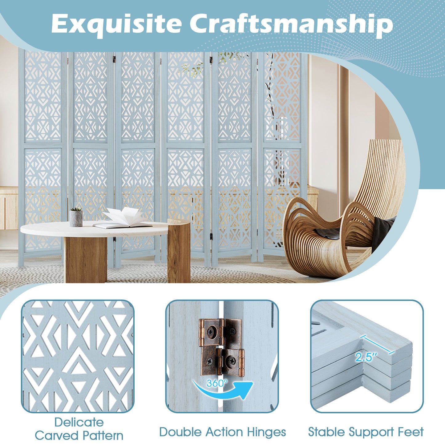6 Panel Boho Wooden Room Divider with Intricate Carved Cutout Design & Solid Wood Frame