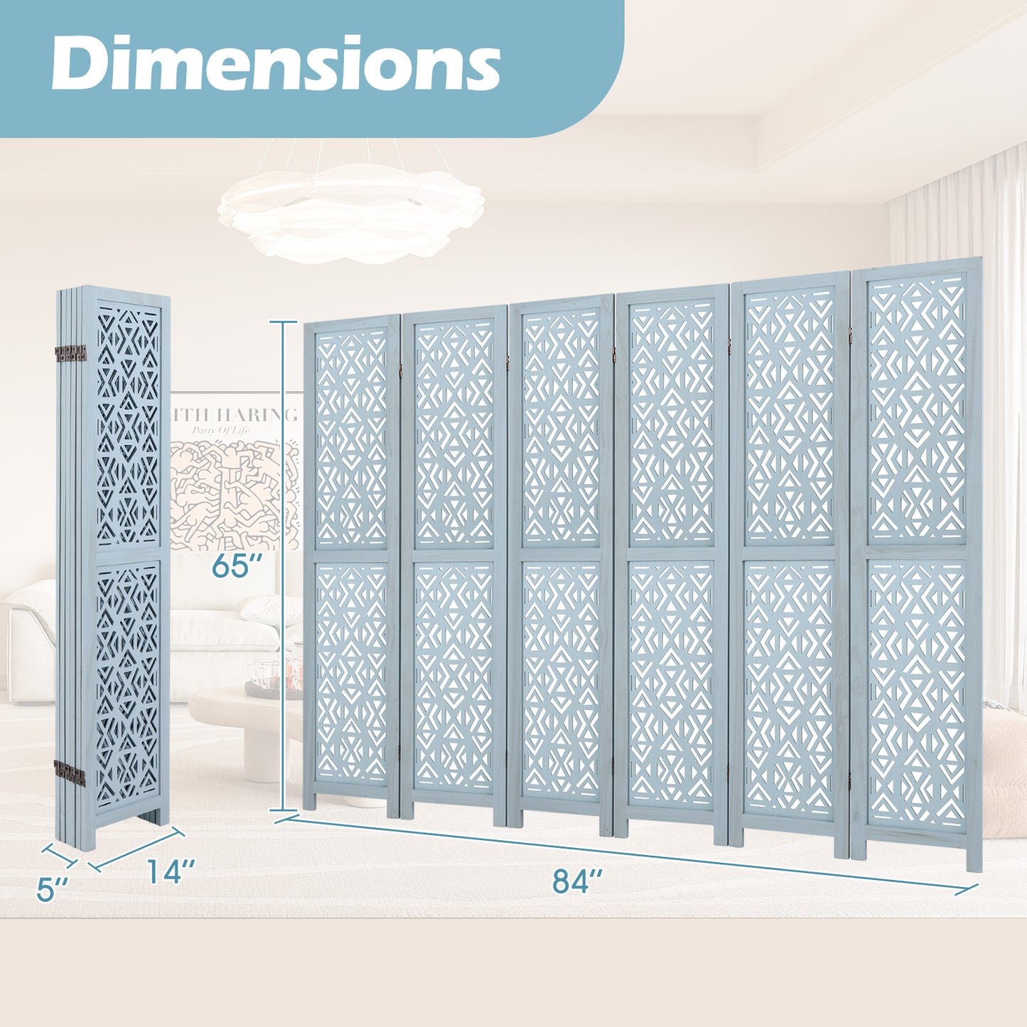 6 Panel Boho Wooden Room Divider with Intricate Carved Cutout Design & Solid Wood Frame