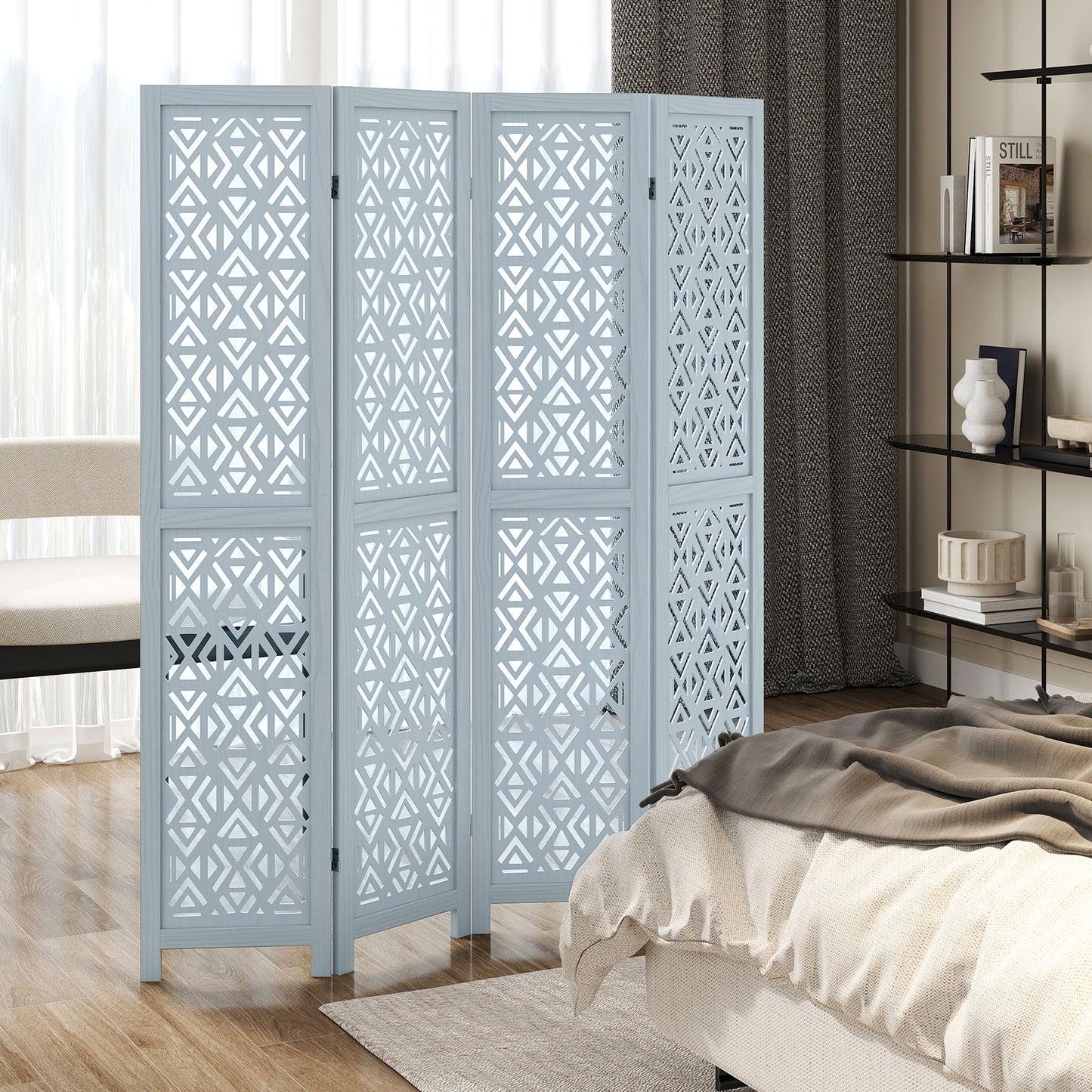 4 Panel Boho Wooden Room Divider with Intricate Carved Cutout Design & Solid Wood Frame