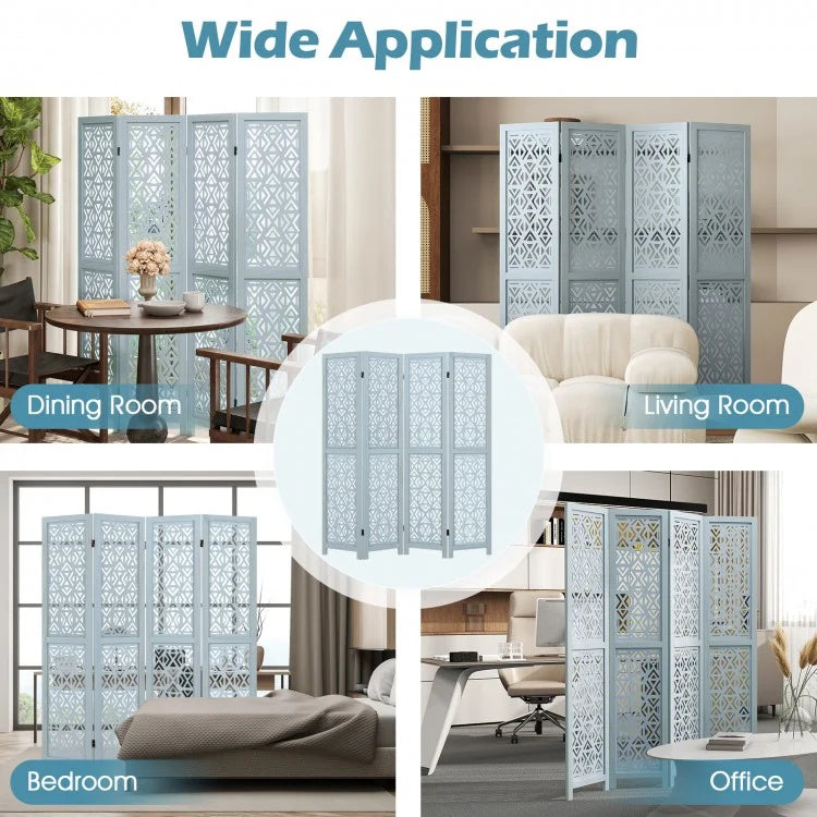 4 Panel Boho Wooden Room Divider with Intricate Carved Cutout Design & Solid Wood Frame