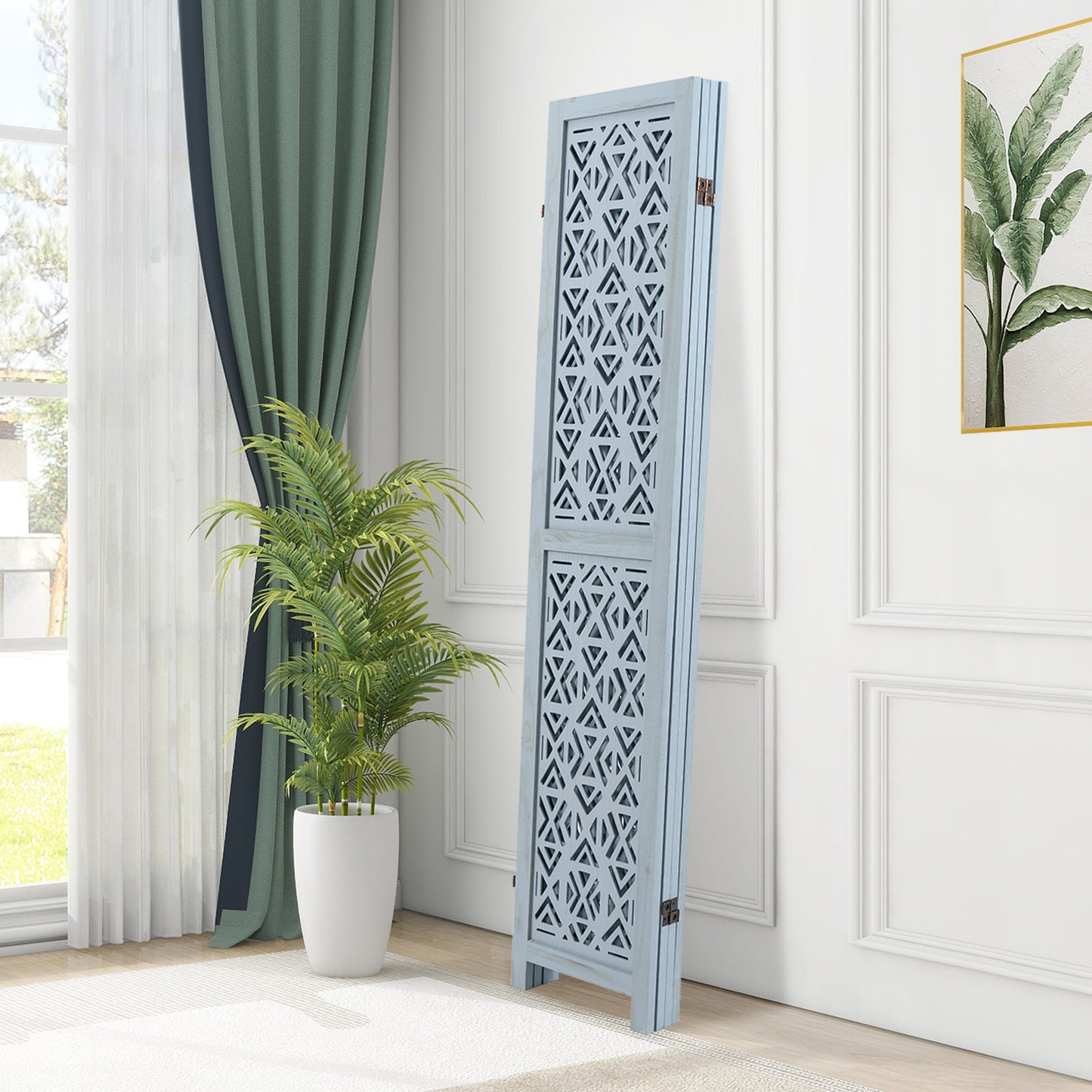 4 Panel Boho Wooden Room Divider with Intricate Carved Cutout Design & Solid Wood Frame