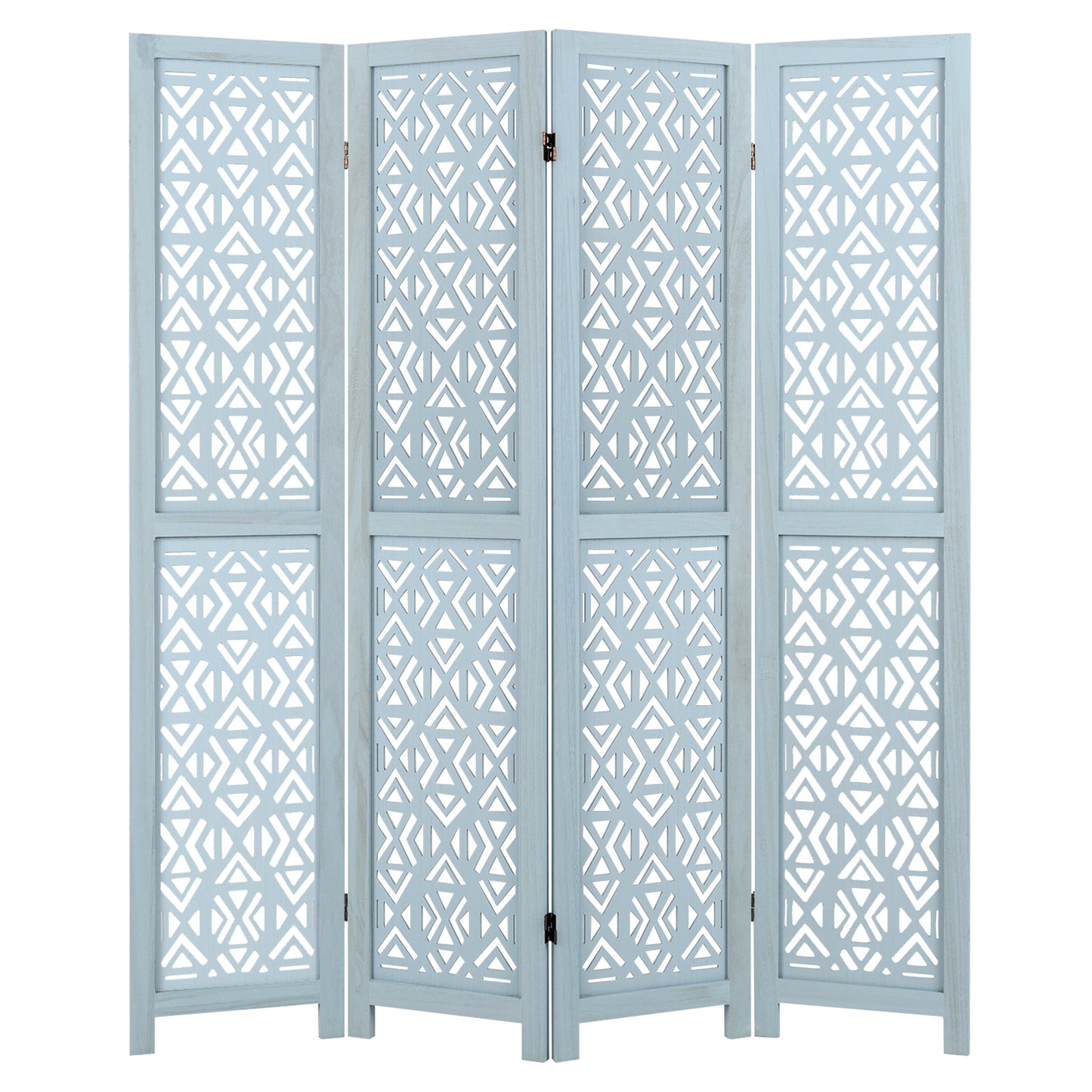 4 Panel Boho Wooden Room Divider with Intricate Carved Cutout Design & Solid Wood Frame