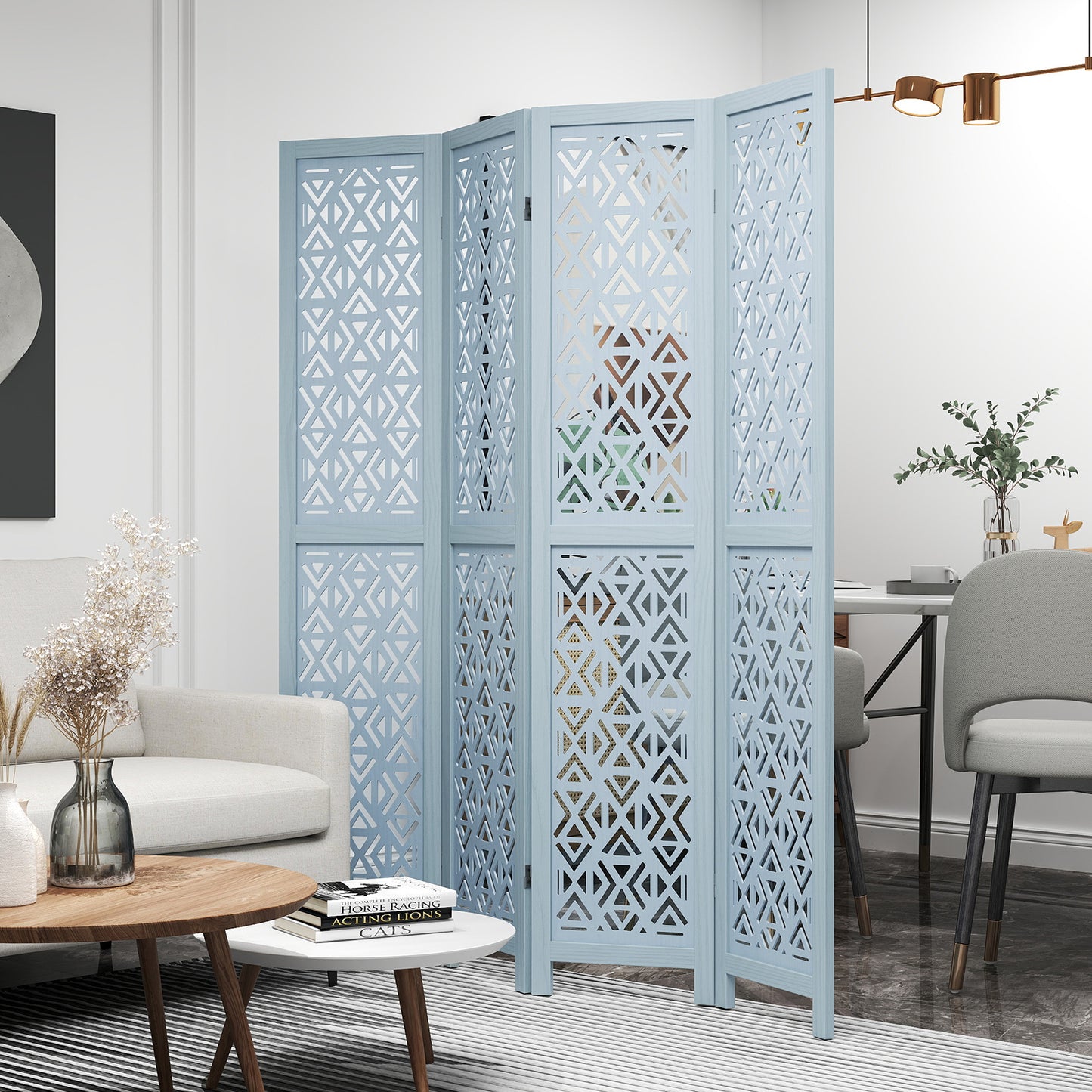 4 Panel Boho Wooden Room Divider with Intricate Carved Cutout Design & Solid Wood Frame