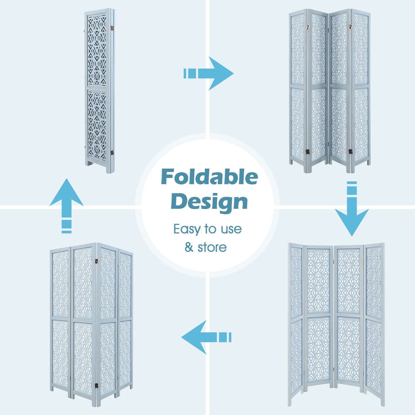 4 Panel Boho Wooden Room Divider with Intricate Carved Cutout Design & Solid Wood Frame
