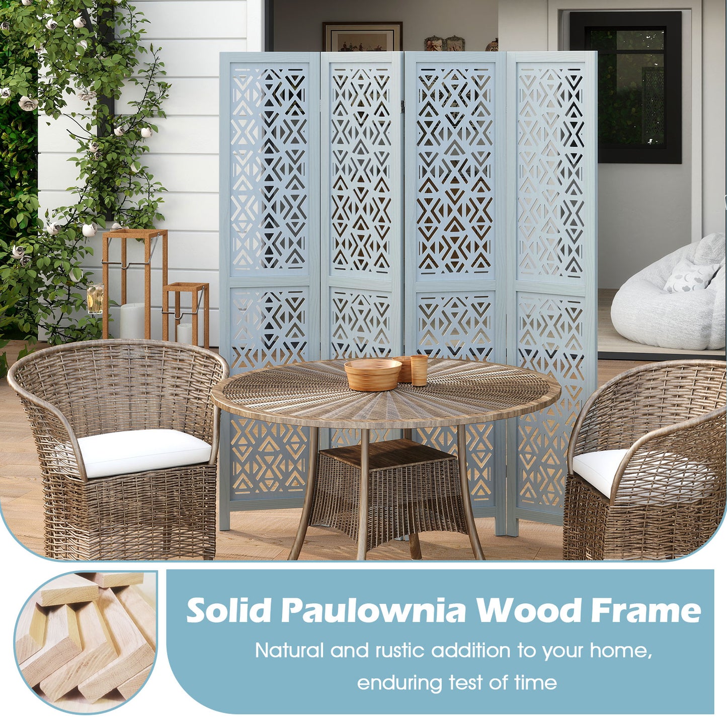 4 Panel Boho Wooden Room Divider with Intricate Carved Cutout Design & Solid Wood Frame