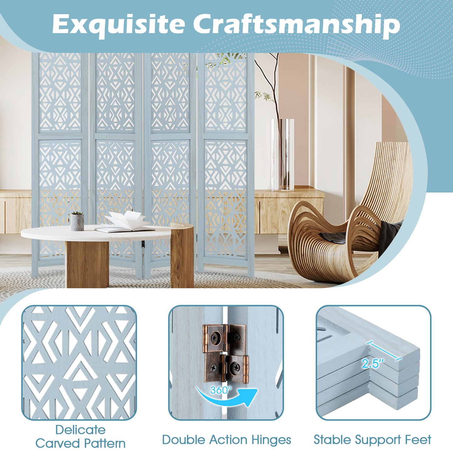 4 Panel Boho Wooden Room Divider with Intricate Carved Cutout Design & Solid Wood Frame