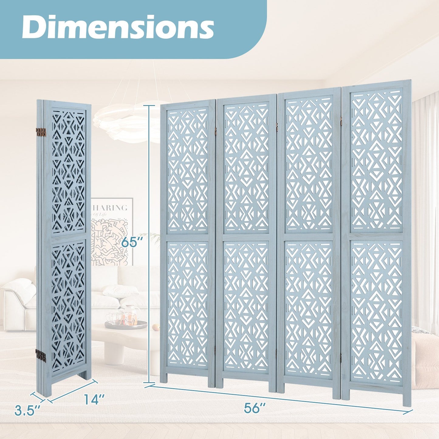 4 Panel Boho Wooden Room Divider with Intricate Carved Cutout Design & Solid Wood Frame