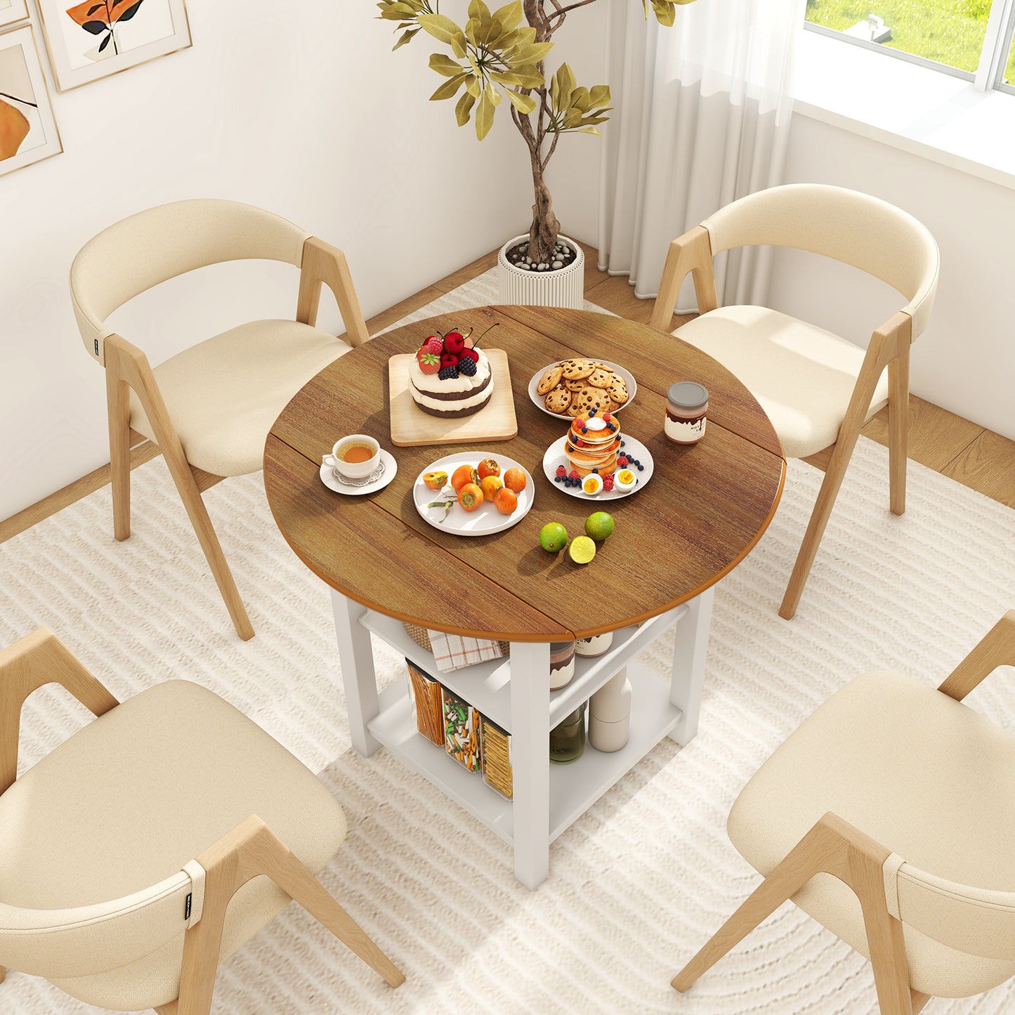 Expandable Round Dining Table with Dual Drop Leaves and Storage Shelves for Compact Spaces