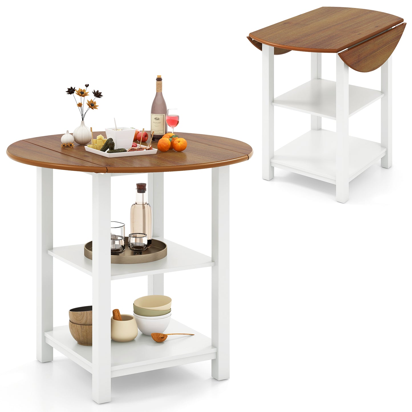 Expandable Round Dining Table with Dual Drop Leaves and Storage Shelves for Compact Spaces