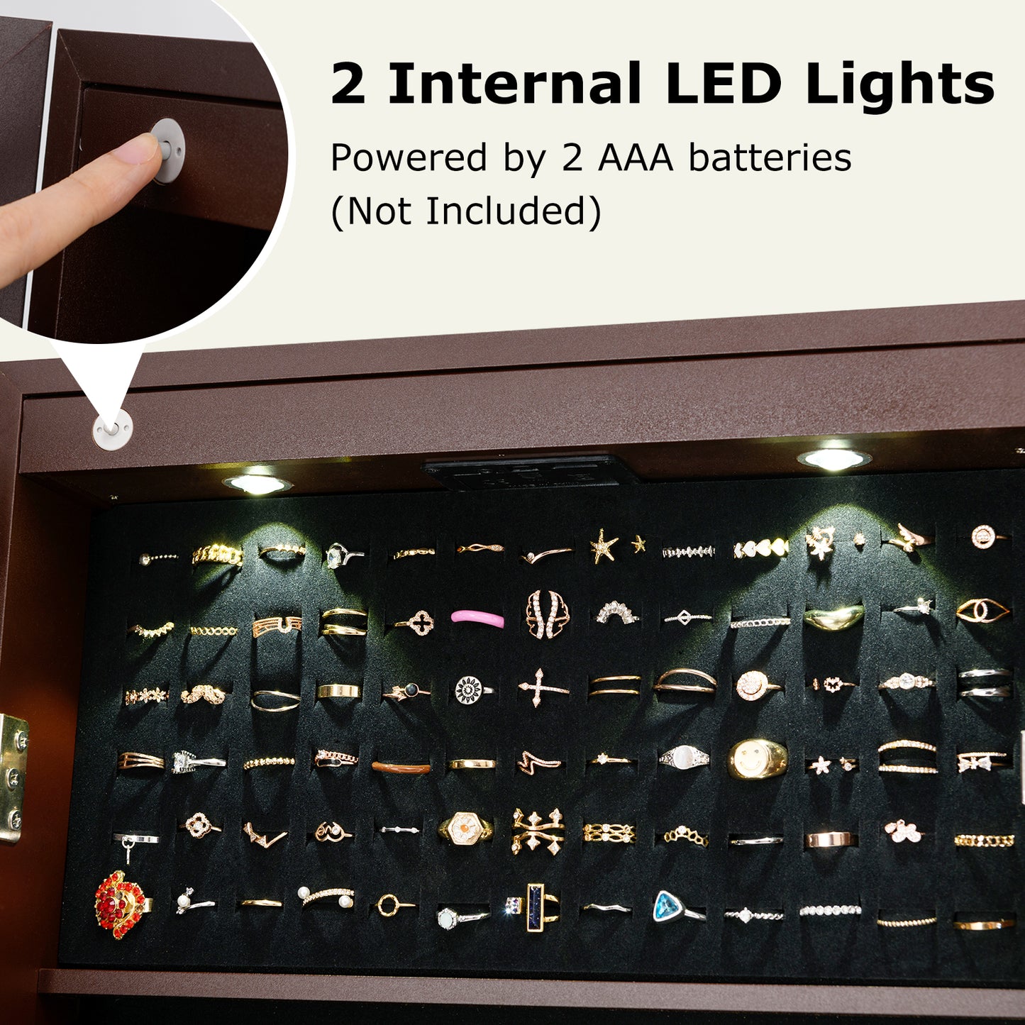 Wooden Standing Jewelry Cabinet with Mirror, LED Lights and Lockable Door