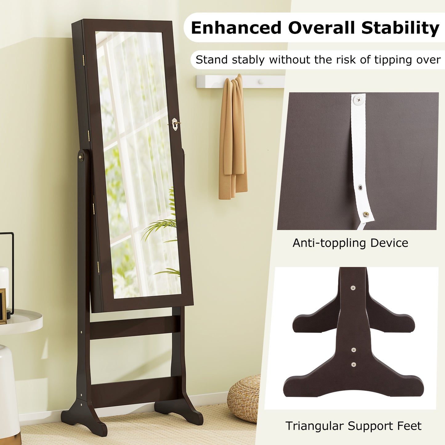 Wooden Standing Jewelry Cabinet with Mirror, LED Lights and Lockable Door